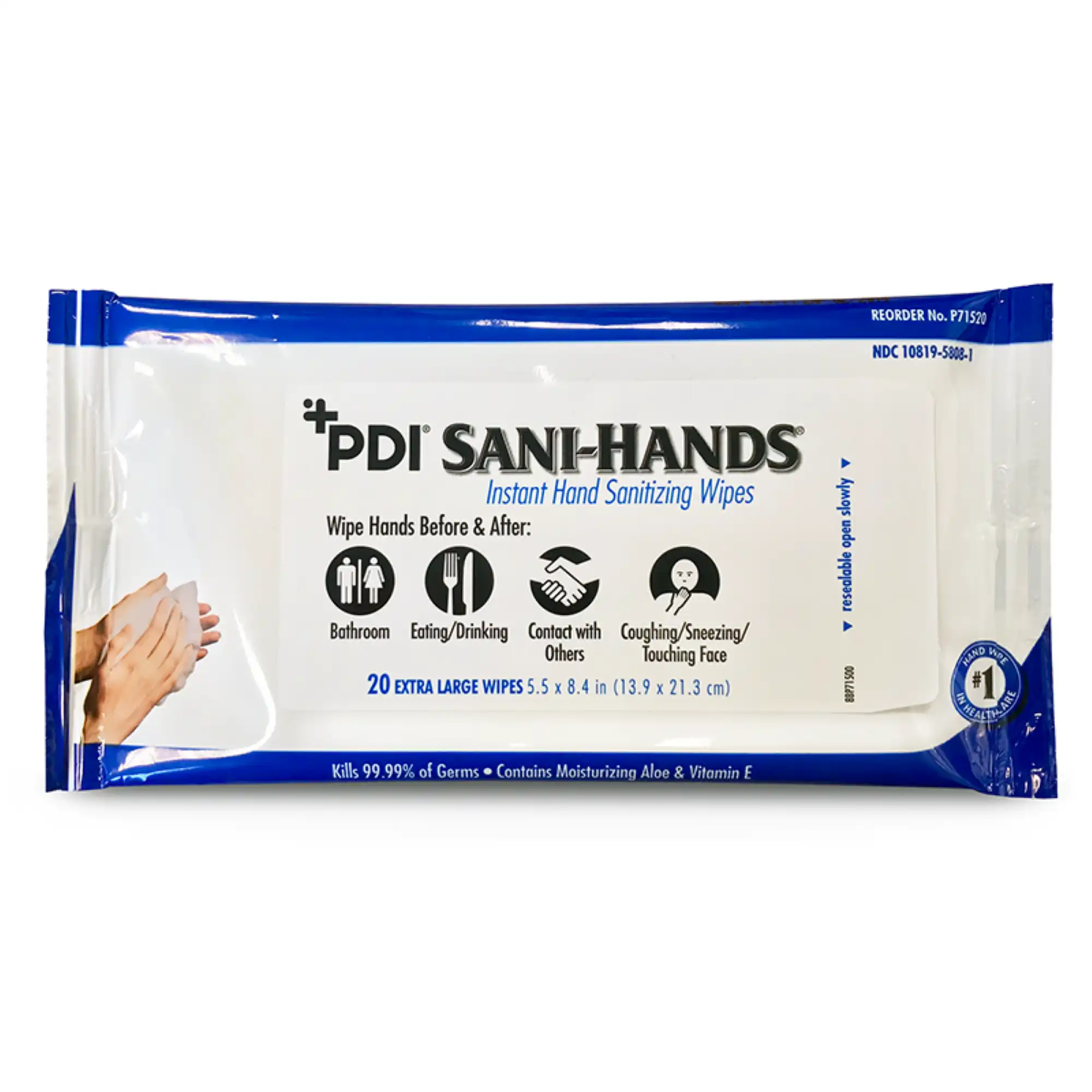 PDI Sani-Hands Instant Hand Sanitizing Wipes, Bedside Pack, 8.4" x 5.5", 20/Pk, 70% Ethyl Alcohol, P71520 thumbnail 3