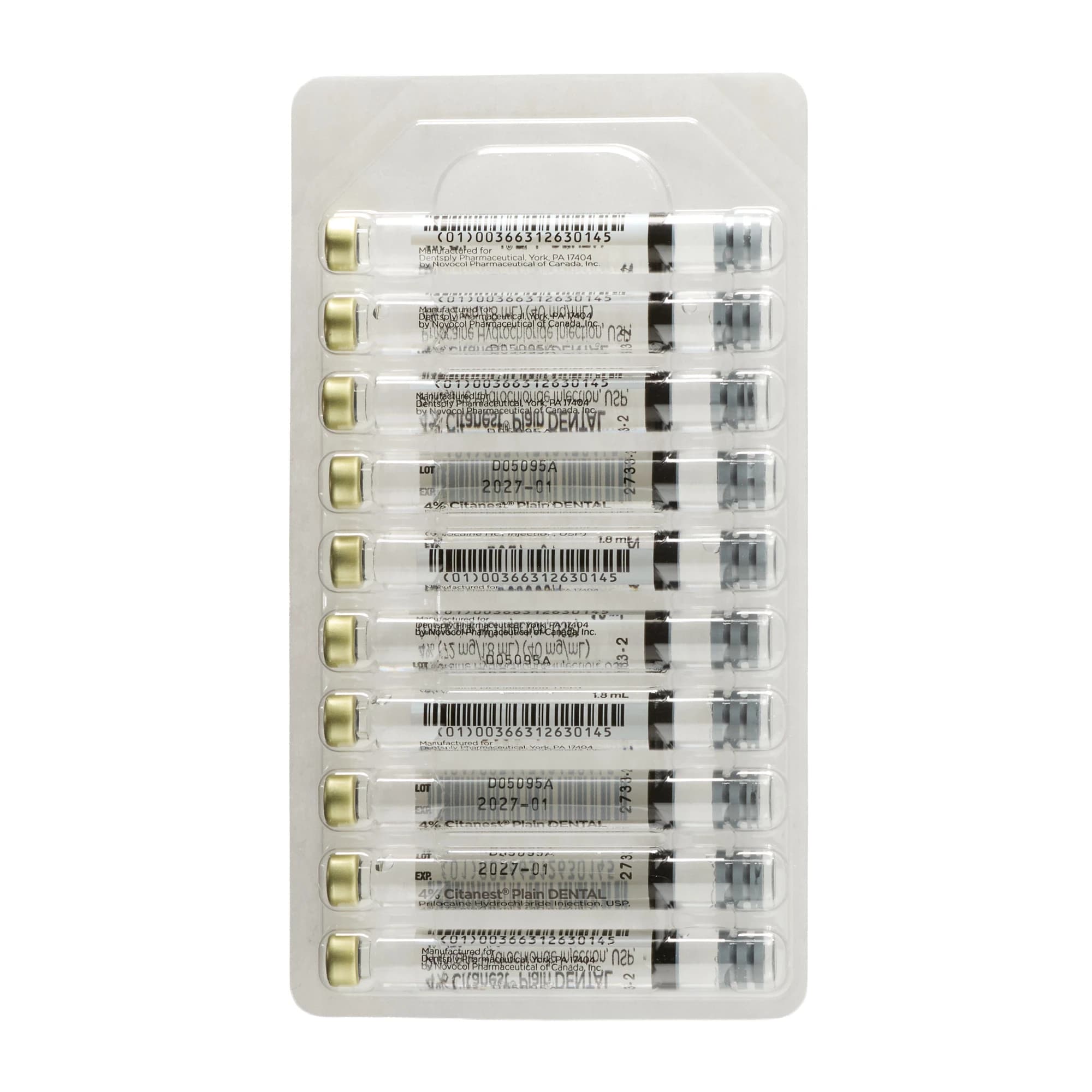 Citanest Plain 4% Dental Anesthetic Cartridges, Prilocaine HCl 4%, Without Vasoconstrictor, 1.8 mL, 50/Pk, 46616 - Citanest Plain 4% Dental, without Vasoconstrictor, 50/Pk - Image 1