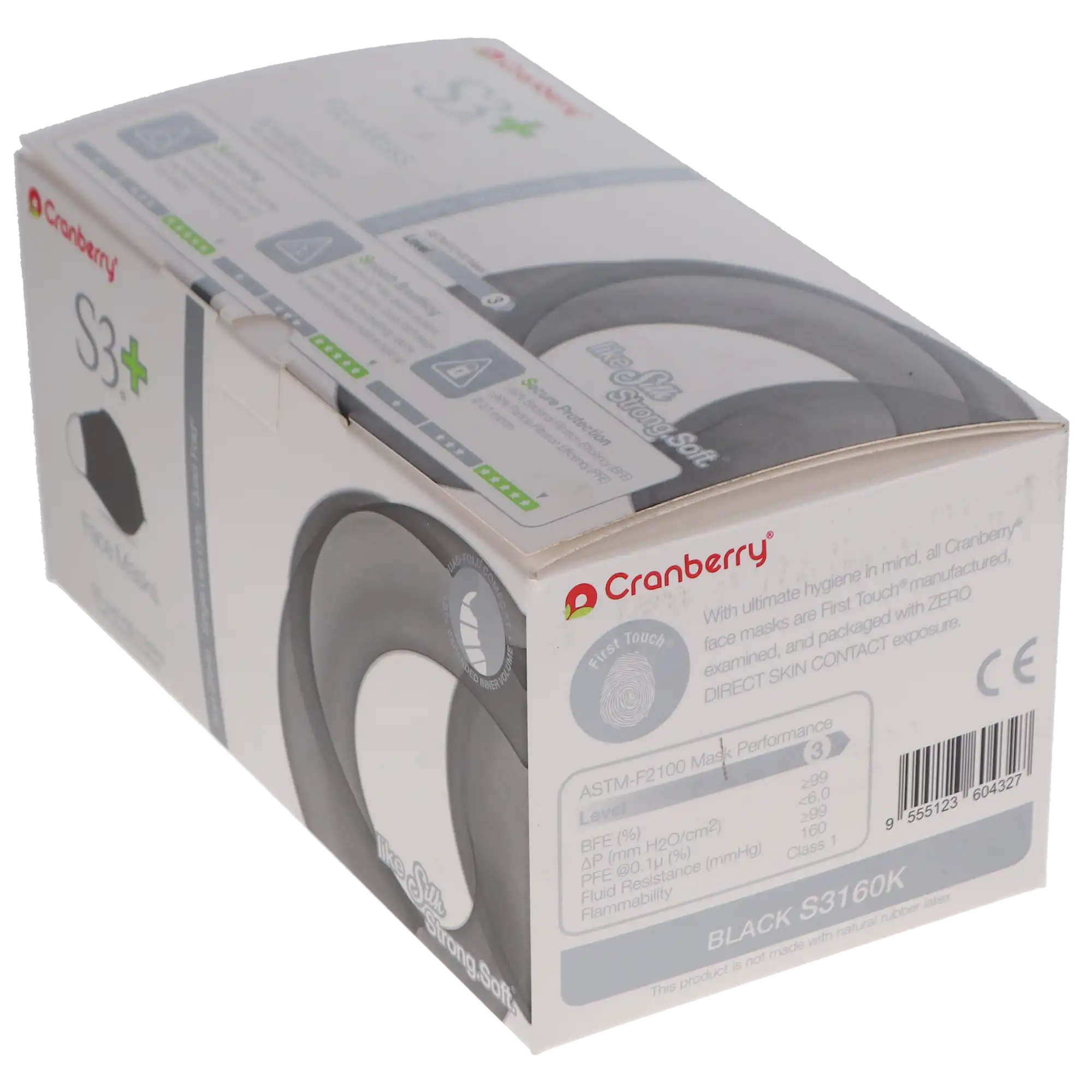 Cranberry S3+ ASTM Level 3 Procedure Face Mask, Black, Ear Loop, 50/Box, S3160K thumbnail 12