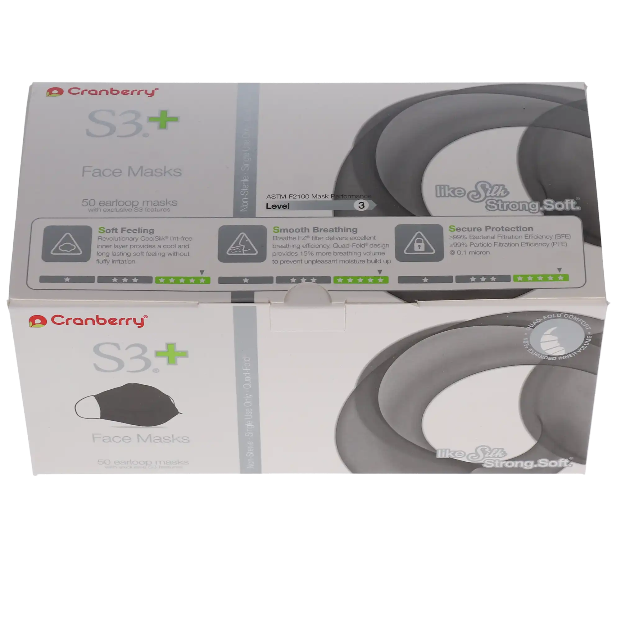 Cranberry S3+ ASTM Level 3 Procedure Face Mask, Black, Ear Loop, 50/Box, S3160K thumbnail 14