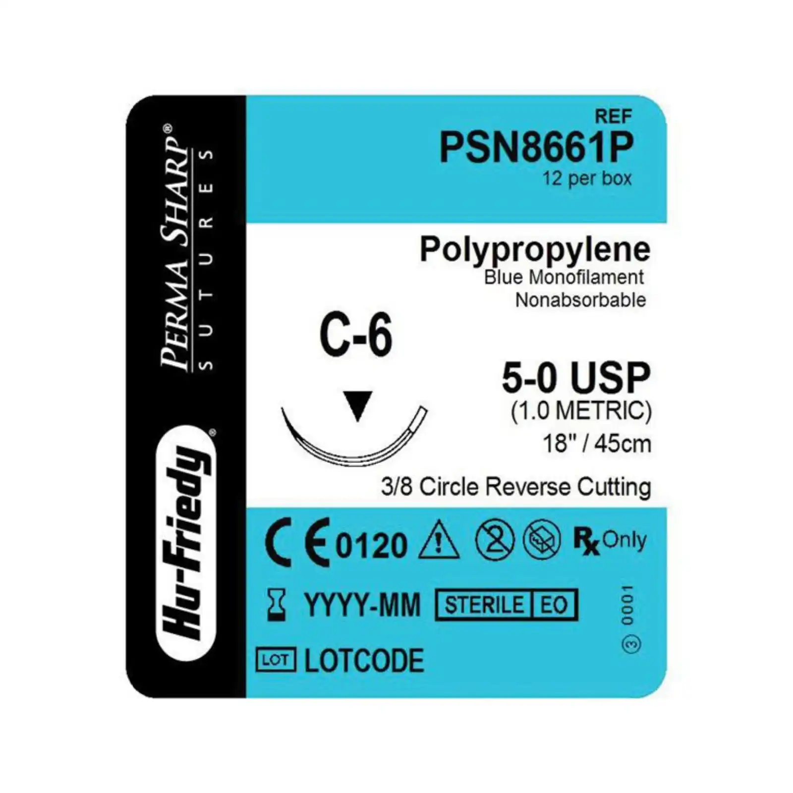 Hu-Friedy Perma Sharp Suture, 5-0 Polypropylene, Blue, 18", C-6 3/8 Circle Reverse Cutting Needle, 12/Box, PSN8661P thumbnail 2