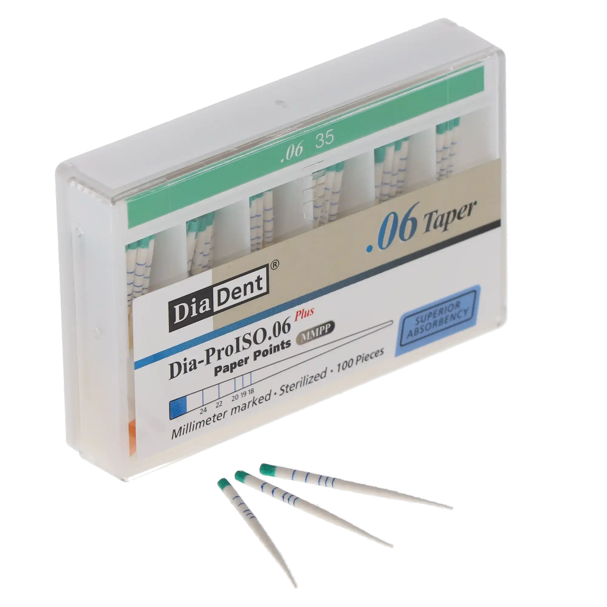 DiaDent Dia-ProISO GT Absorbent Paper Points, .06 Taper, Size #35, Green, Millimeter-Marked, Spillproof, 100/Box, MP212-607 thumbnail 3