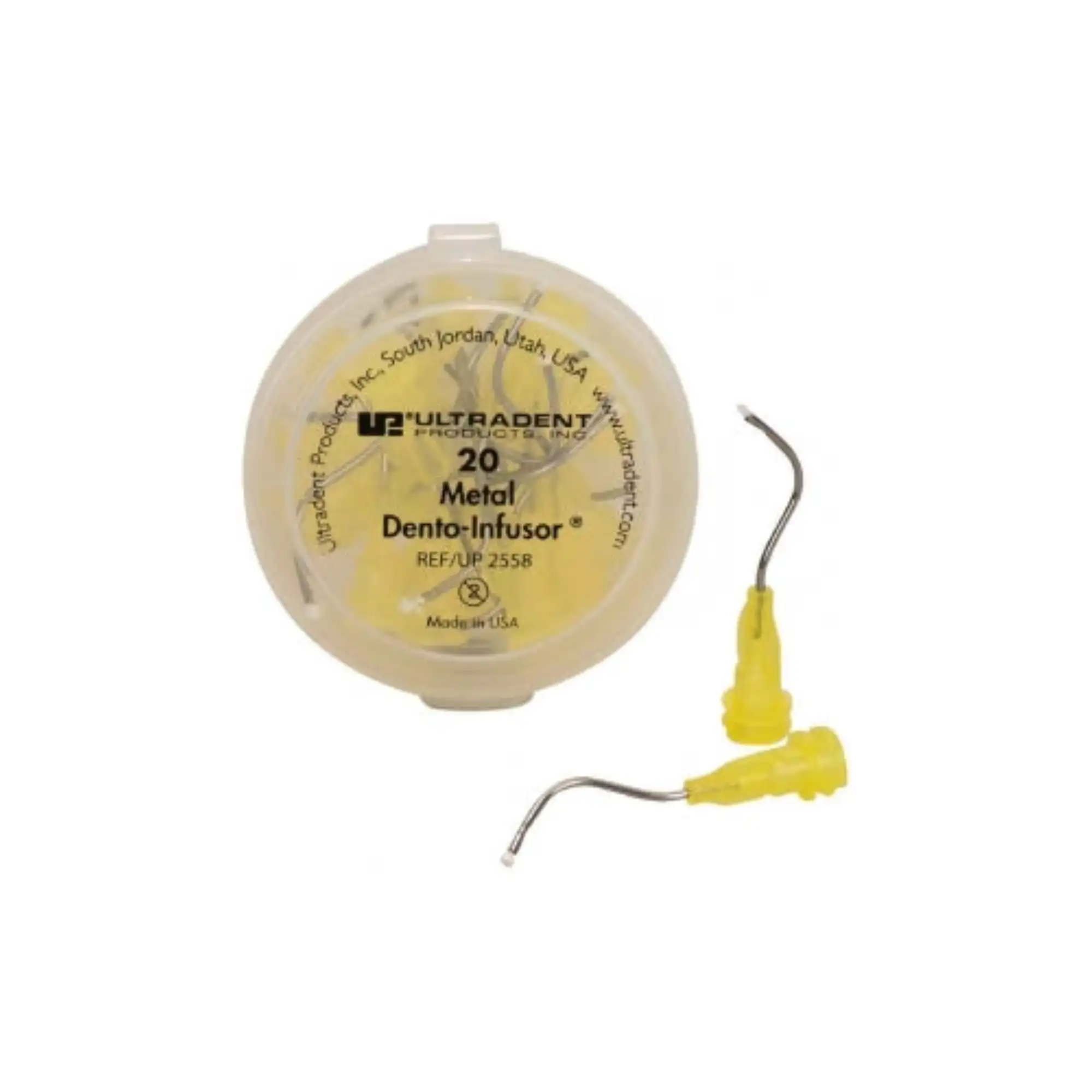 Ultradent Metal Dento-Infusor Tips, Yellow, Dual Thread, 20/Pk, 2558 - Metal Dento-Infusor Tips, Yellow, Dual Thread, 20/Pk, 2558 - Image 1