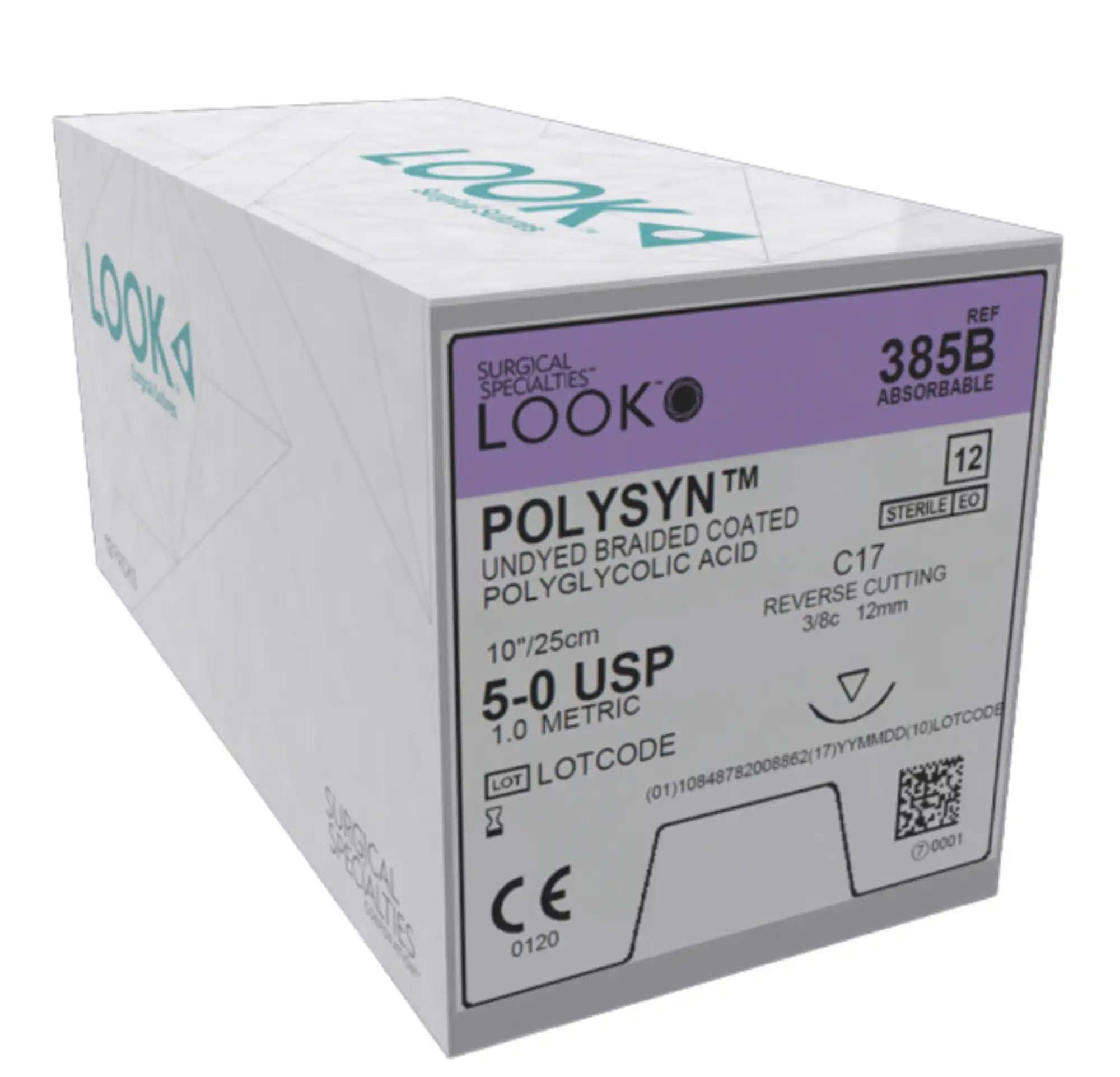LOOK™ PolySyn™ Absorbable Braided Suture, 5-0 PGA, Undyed, C-17 Reverse Cutting 3/8 Circle Needle, 10" (25cm), 12/Box, 385B thumbnail 5