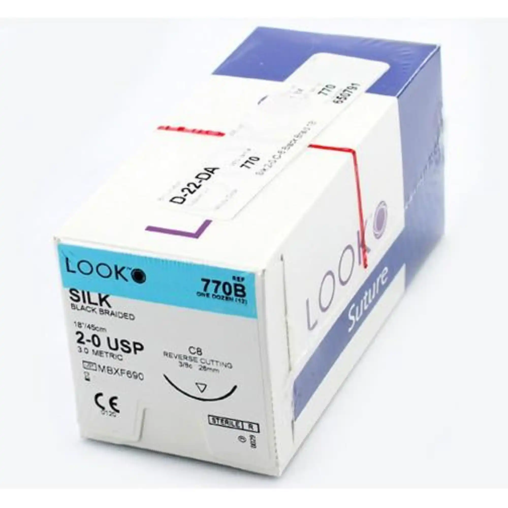 Look 770B Silk Suture, 2-0, 18" Black Braided Non-Absorbable, Reverse-Cutting C-8 Needle (3/8 Circle, 26mm), Box of 12 thumbnail 5