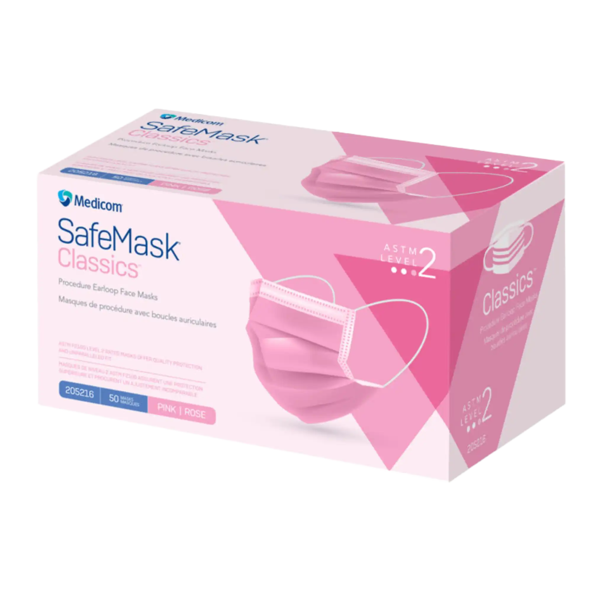 SafeMask Classics Procedure Face Mask, ASTM Level 2, Pink, Ear Loop, 50/Box, 205216 - SafeMask® Classics™ Procedure Face Mask ASTM Level 2 Pink Box of 50 - Image 1