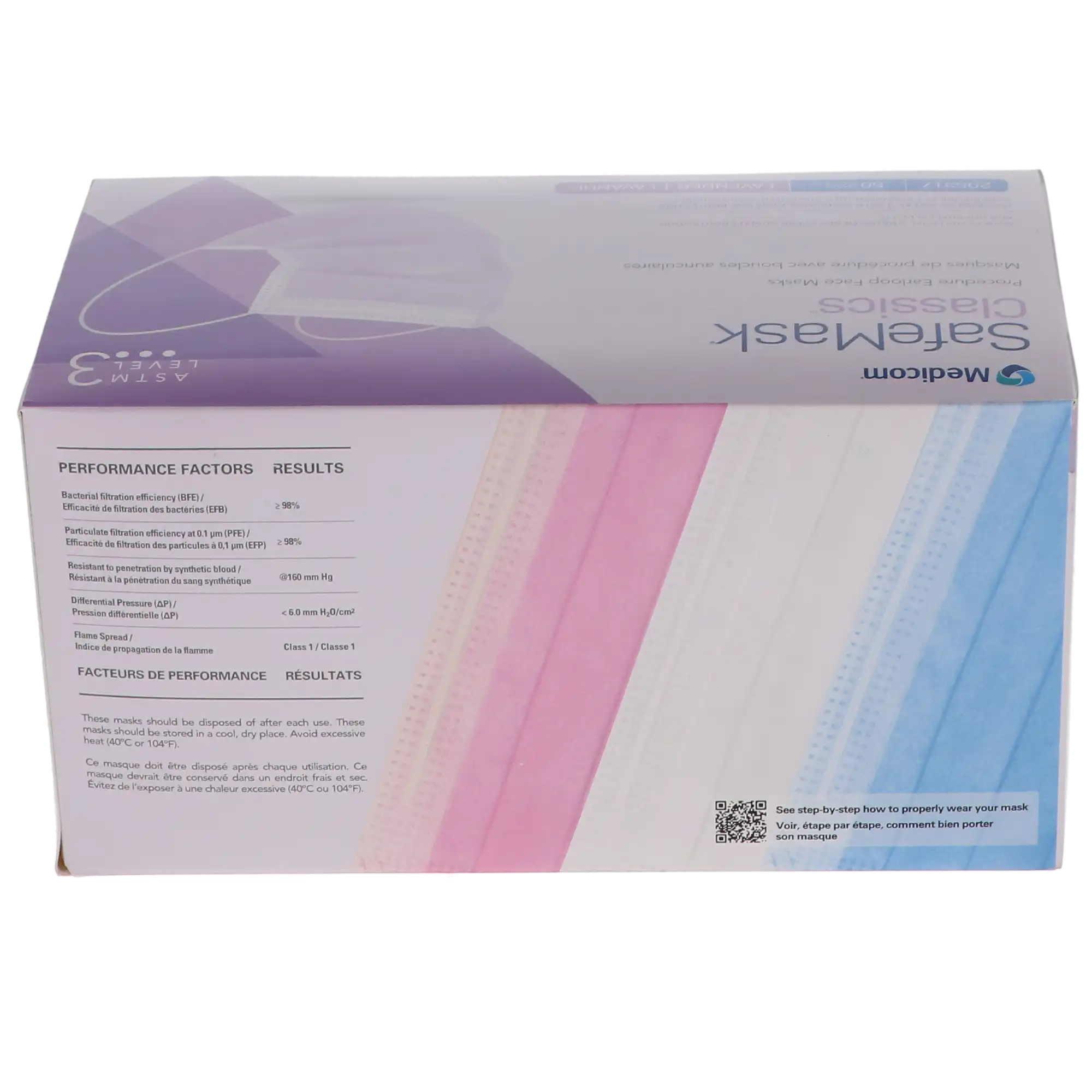 Medicom SafeMask Classics Earloop Face Mask, ASTM Level 3, Lavender, 50/Box, 205317 thumbnail 3