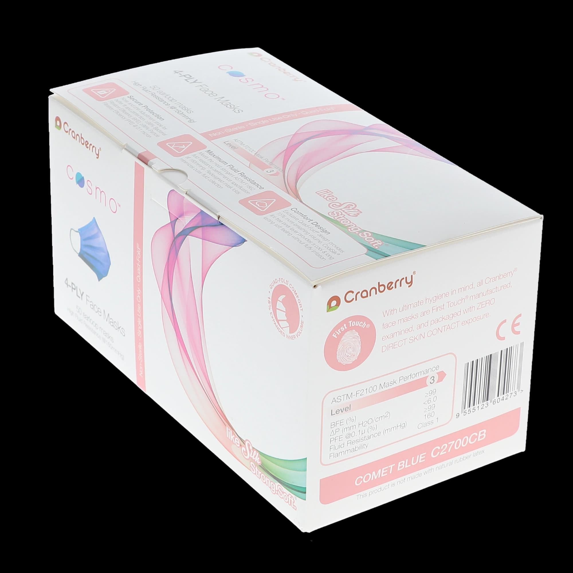 Cranberry Cosmo Procedure Face Mask, ASTM Level 3, 4-Ply, Ear Loop, Comet Blue, 50/Box, C2700CB thumbnail 7