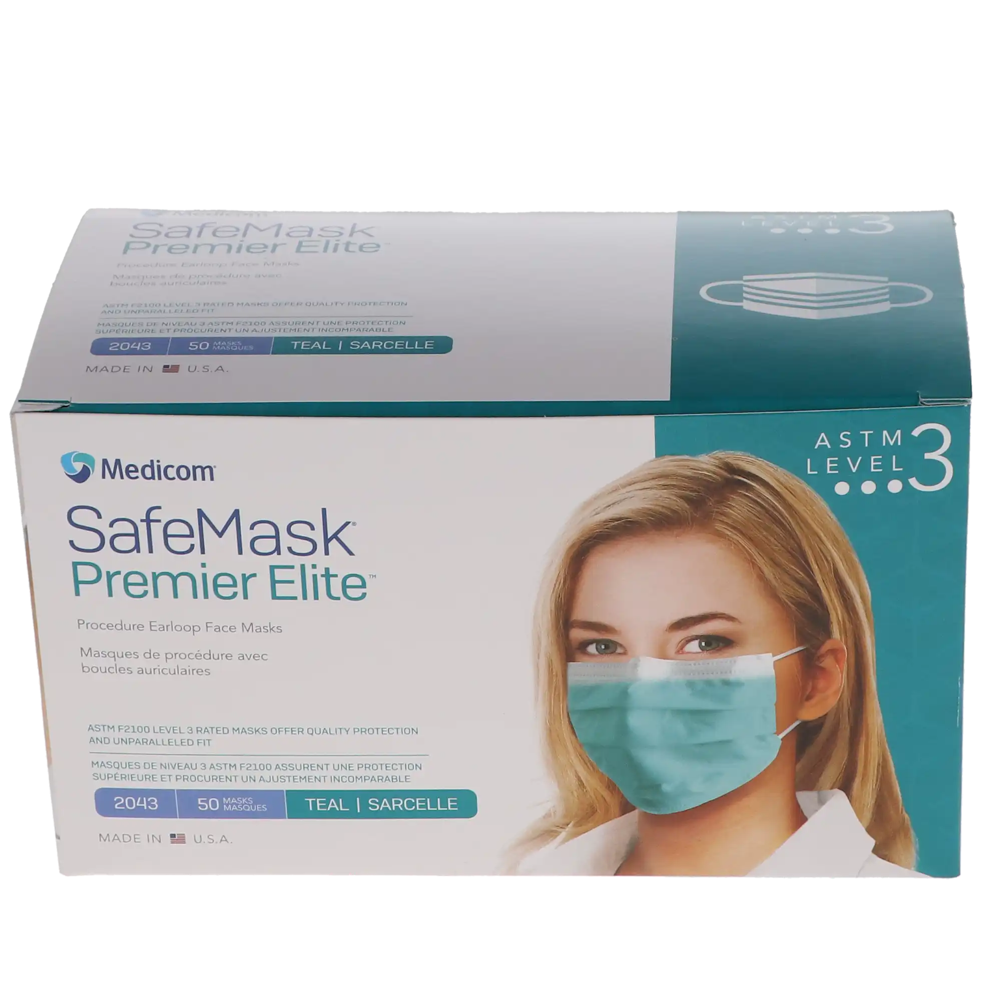 Medicom SafeMask Premier Elite Procedure Earloop Mask, ASTM Level 3, Teal, 50/Box, 2043 thumbnail 3