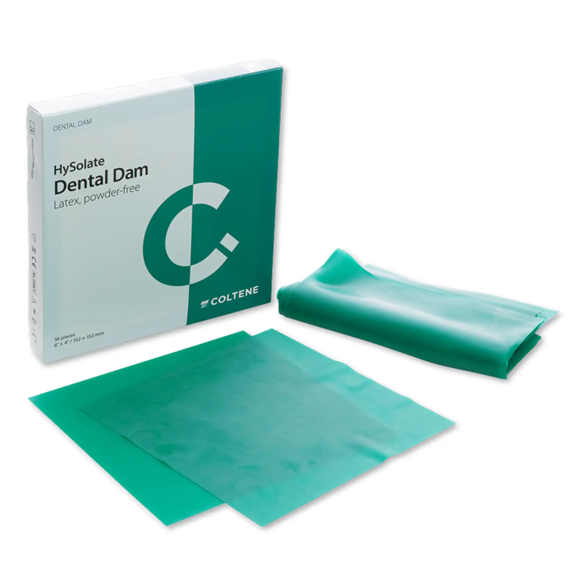 HySolate Latex Dental Dam, 5" x 5" (127 x 127 mm), Medium Gauge, Green, Unscented, Powder Free, 52/Box, 60034415 thumbnail 2