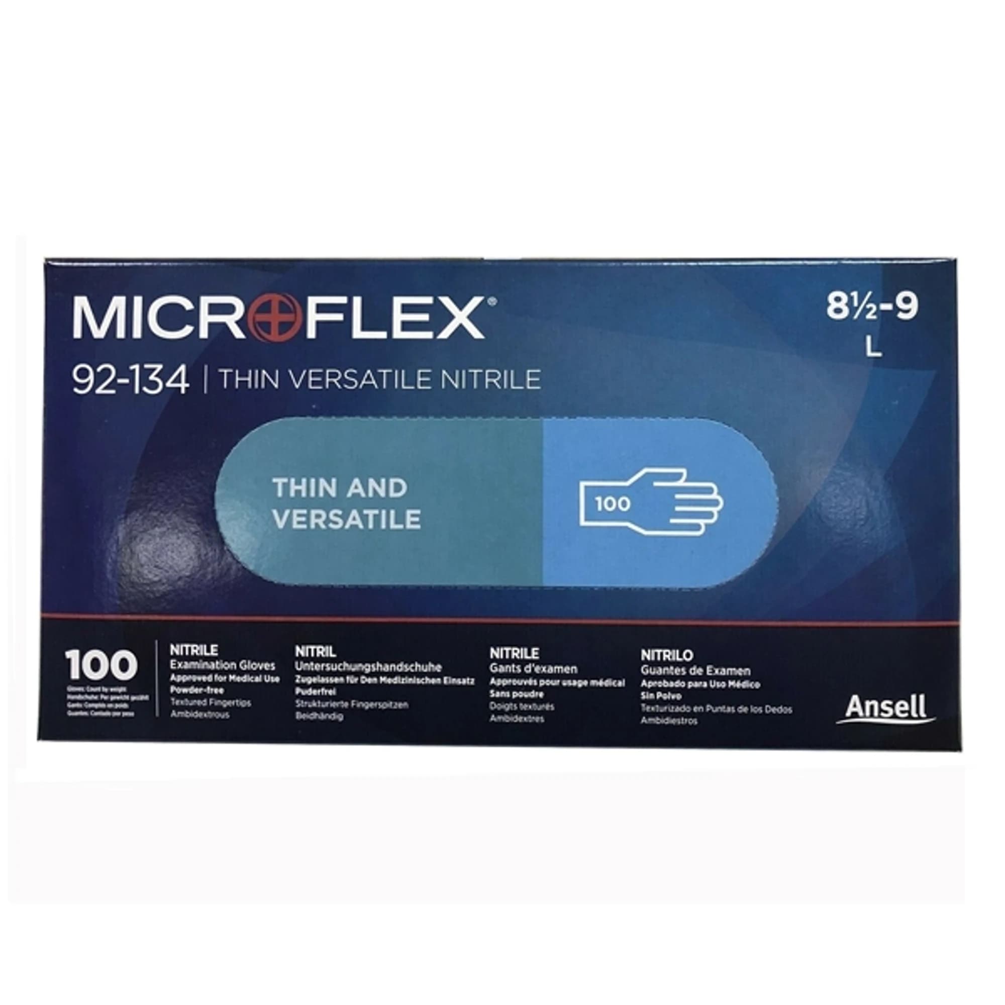 Ansell Microflex 92-134 Versatility Nitrile Exam Gloves, Powder Free, Non-Sterile, Large (8.5-9), Blue, Textured Fingertips, 100/Box, 92134090 thumbnail 9