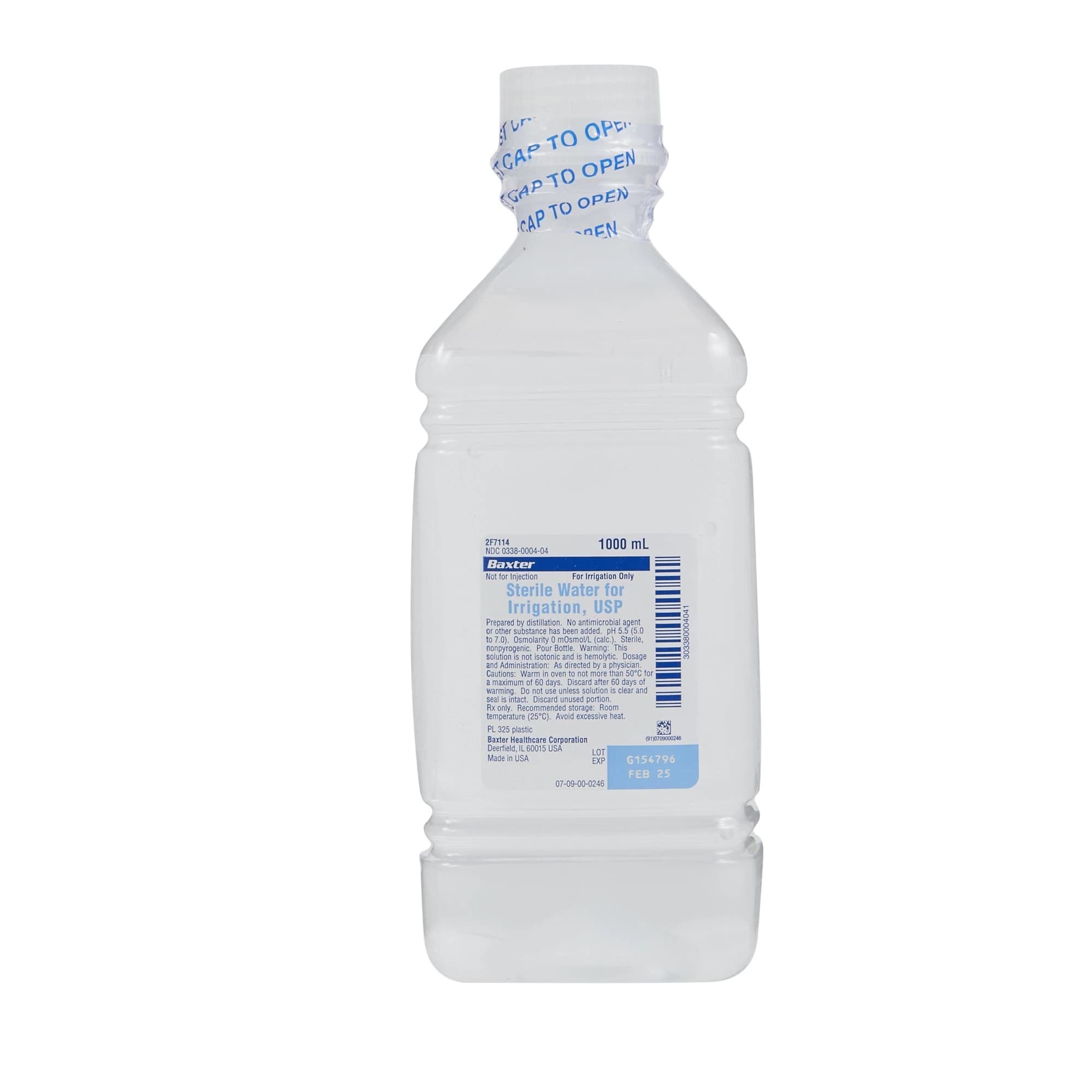 Baxter Sterile Water for Irrigation USP, 1000mL Plastic Pour Bottle, 2F7114 thumbnail 2