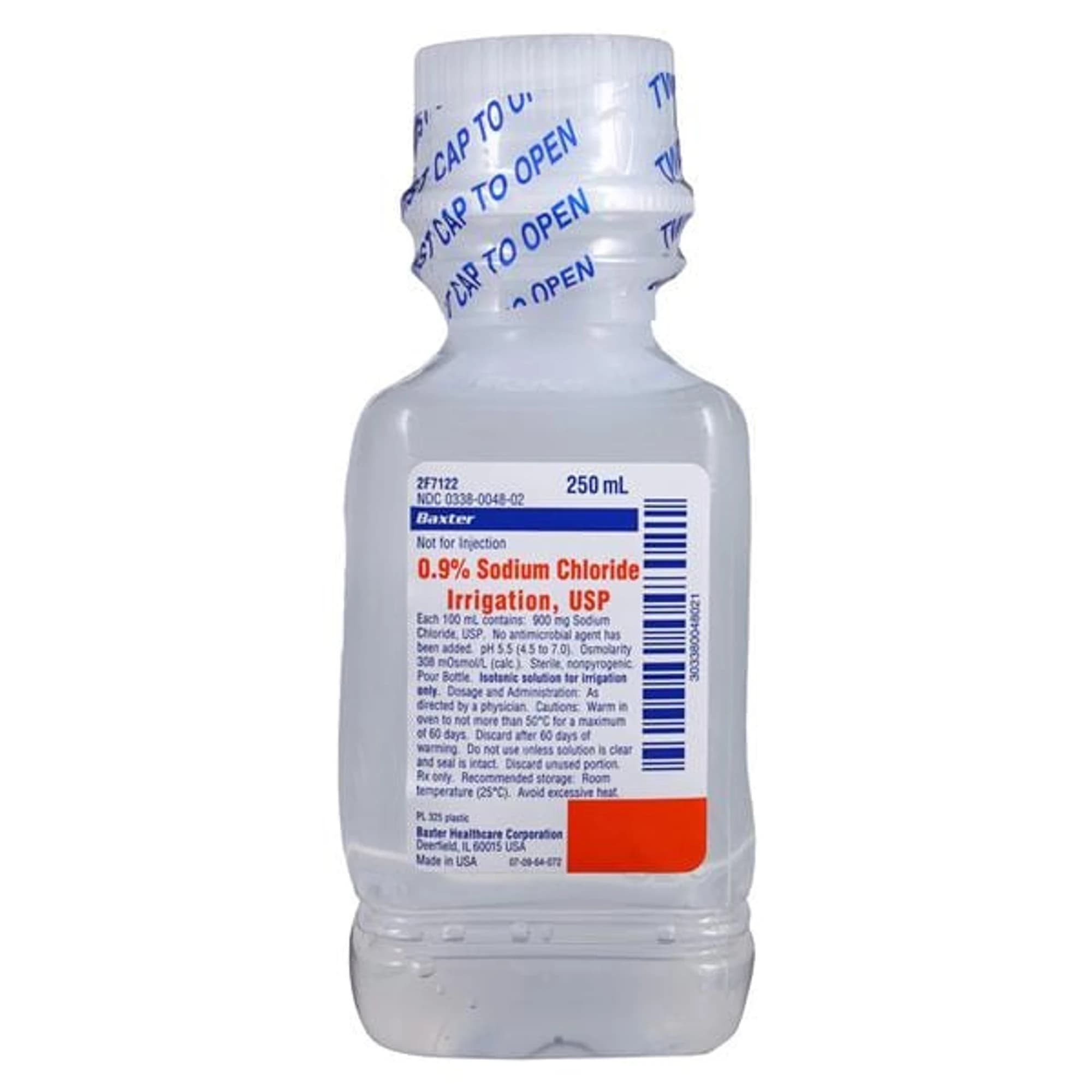 Baxter 0.9% Sodium Chloride Irrigation Solution, USP, 250 mL Plastic Pour Bottle, 24/Case, 2F7122 thumbnail 2