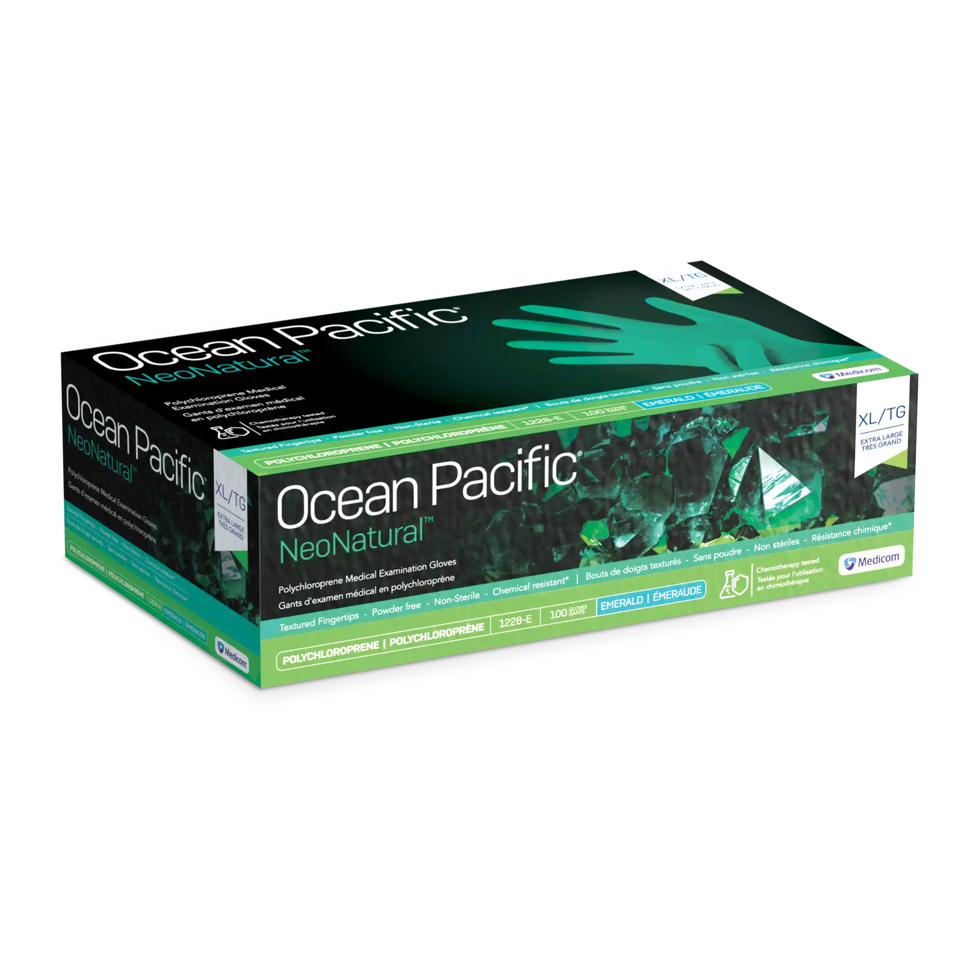 Ocean Pacific® NeoNatural™ Polychloroprene Exam Gloves, Powder Free, Latex Free, Non-Sterile, Extra Large, Emerald Green, Textured Fingertips, 100/Box, 1228-E thumbnail 7