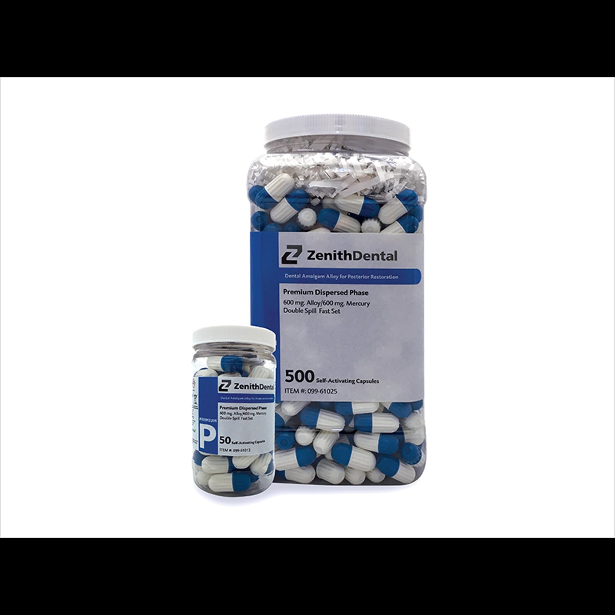 Zenith Premium Alloy Amalgam Capsules, 3 Spill, 800 mg, Regular Set, 500/Jar, 61028 - Zenith Premium Alloy Amalgam Capsules, 3 Spill, 800 mg, Regular Set, 500/Jar, 61028 - Image 1