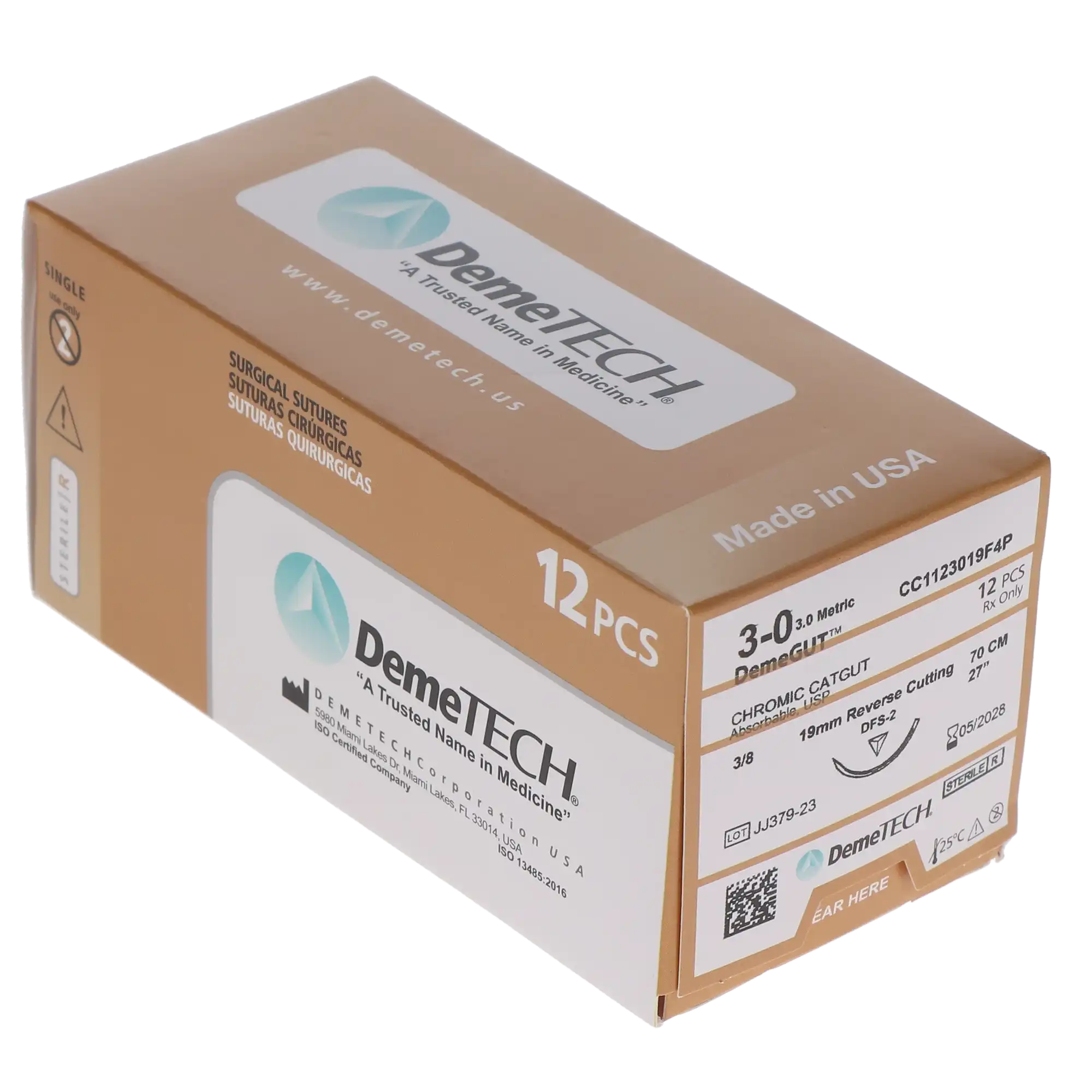 HSB Chromic Catgut Suture, 3-0, 19mm 3/8 Circle Reverse Cutting Needle, 70cm, Brown, 36/Bx thumbnail 3