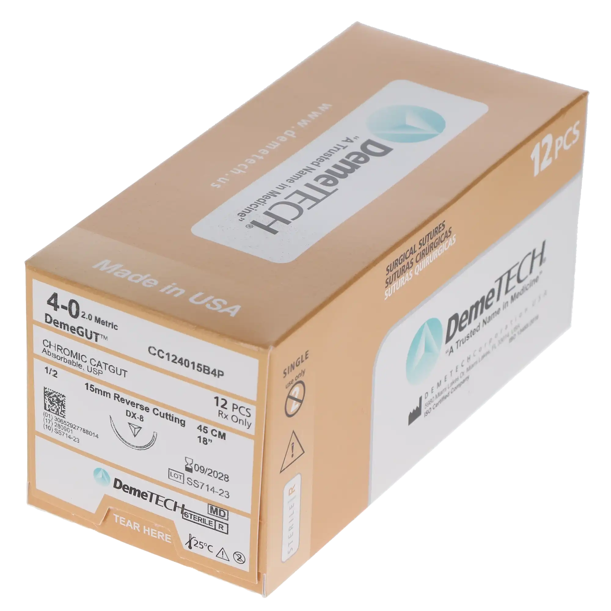 HSB Chromic Gut Suture, 4-0, 45cm, 15mm DX-8 1/2 Circle Reverse Cutting Needle, Brown, 12/Bx thumbnail 3