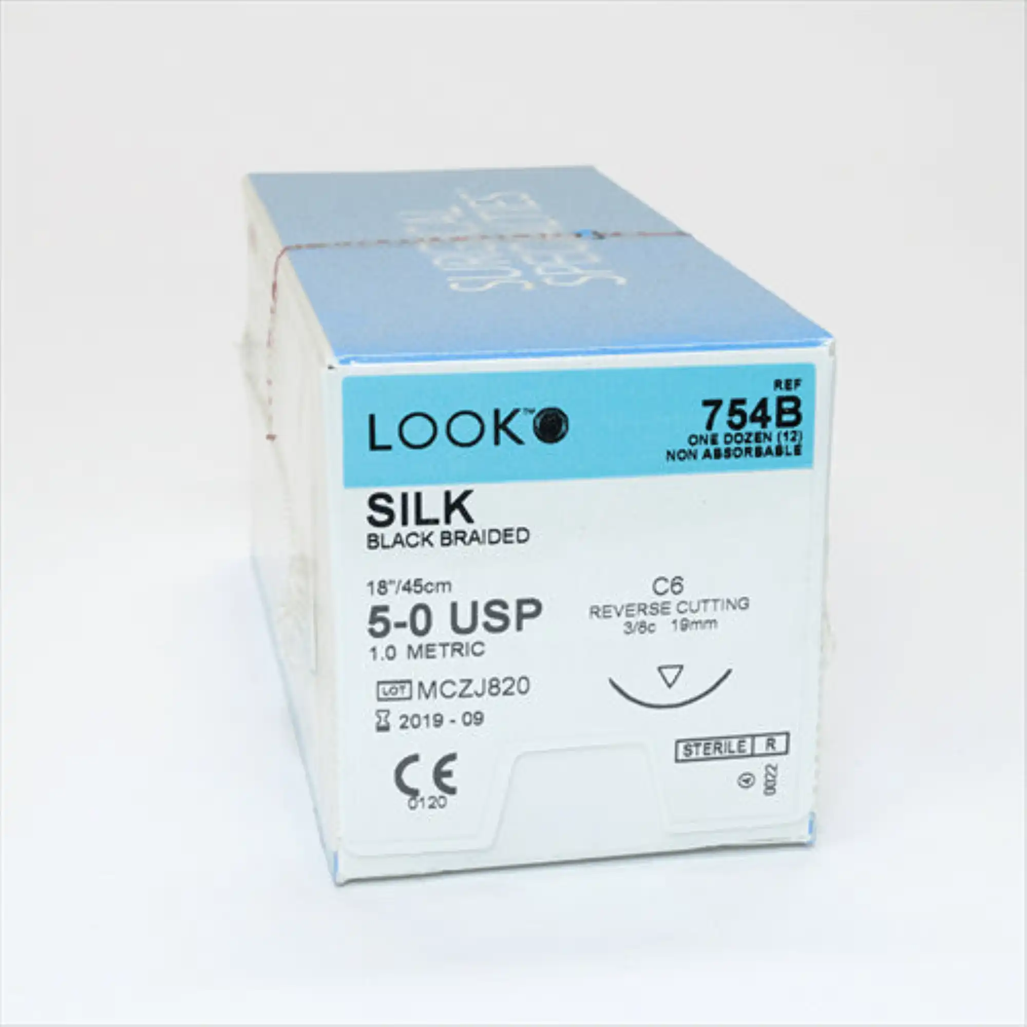 Look Silk Non-Absorbable Surgical Suture, 5-0, Black, 18", C6 3/8 Circle Reverse Cutting 19mm Needle - Look Sutures - Silk, 5-0, Black, 18", C6, 3/8 Circle Reverse Cutting 19mm - Image 1