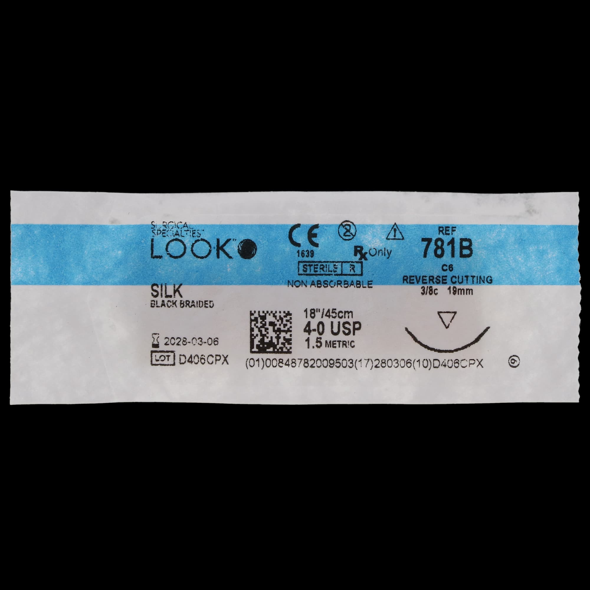 Look Silk Non-Absorbable Surgical Suture, 4-0, Black, 18" (45 cm), C6 3/8 Circle Reverse Cutting 19mm Needle thumbnail 3