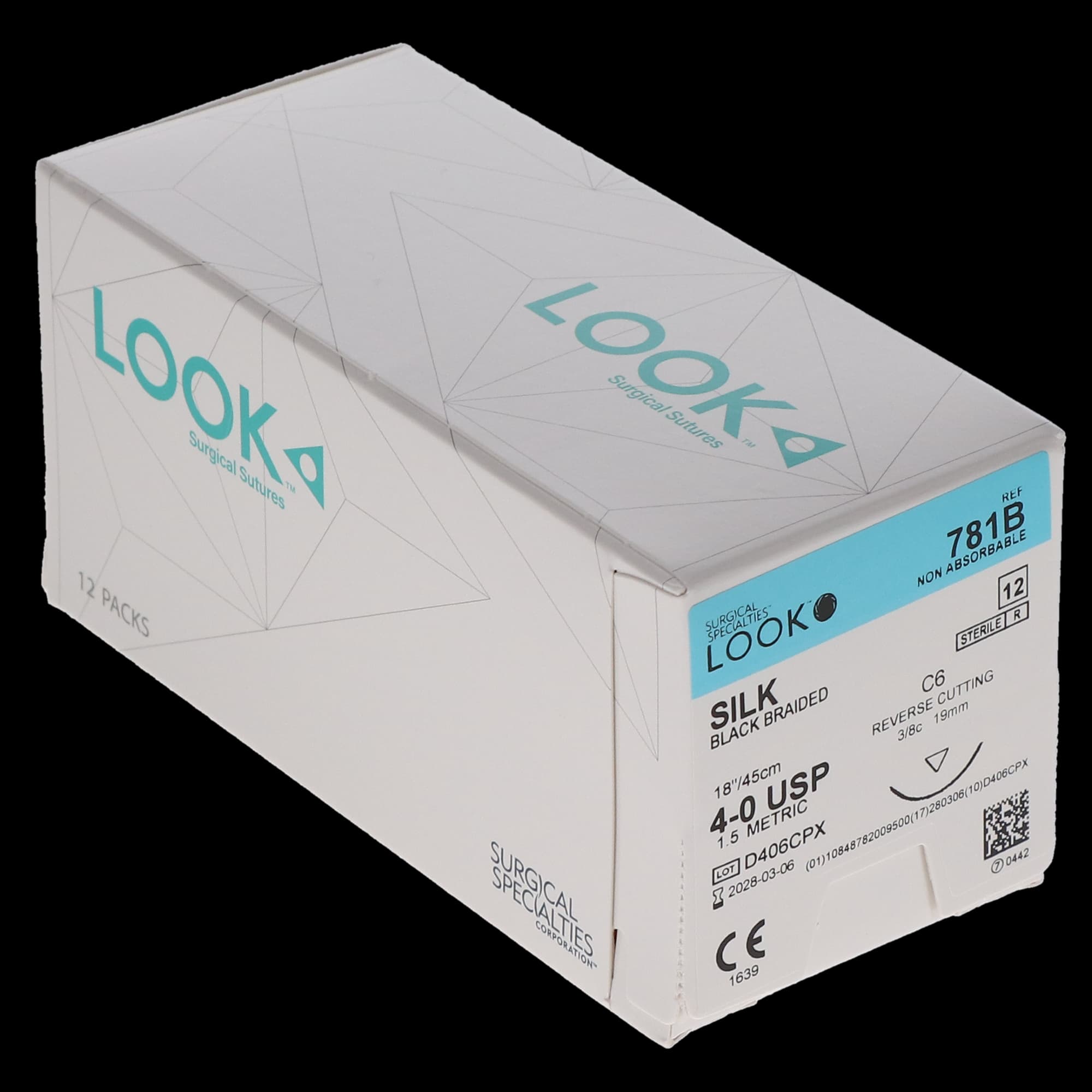 Look Silk Non-Absorbable Surgical Suture, 4-0, Black, 18" (45 cm), C6 3/8 Circle Reverse Cutting 19mm Needle thumbnail 4