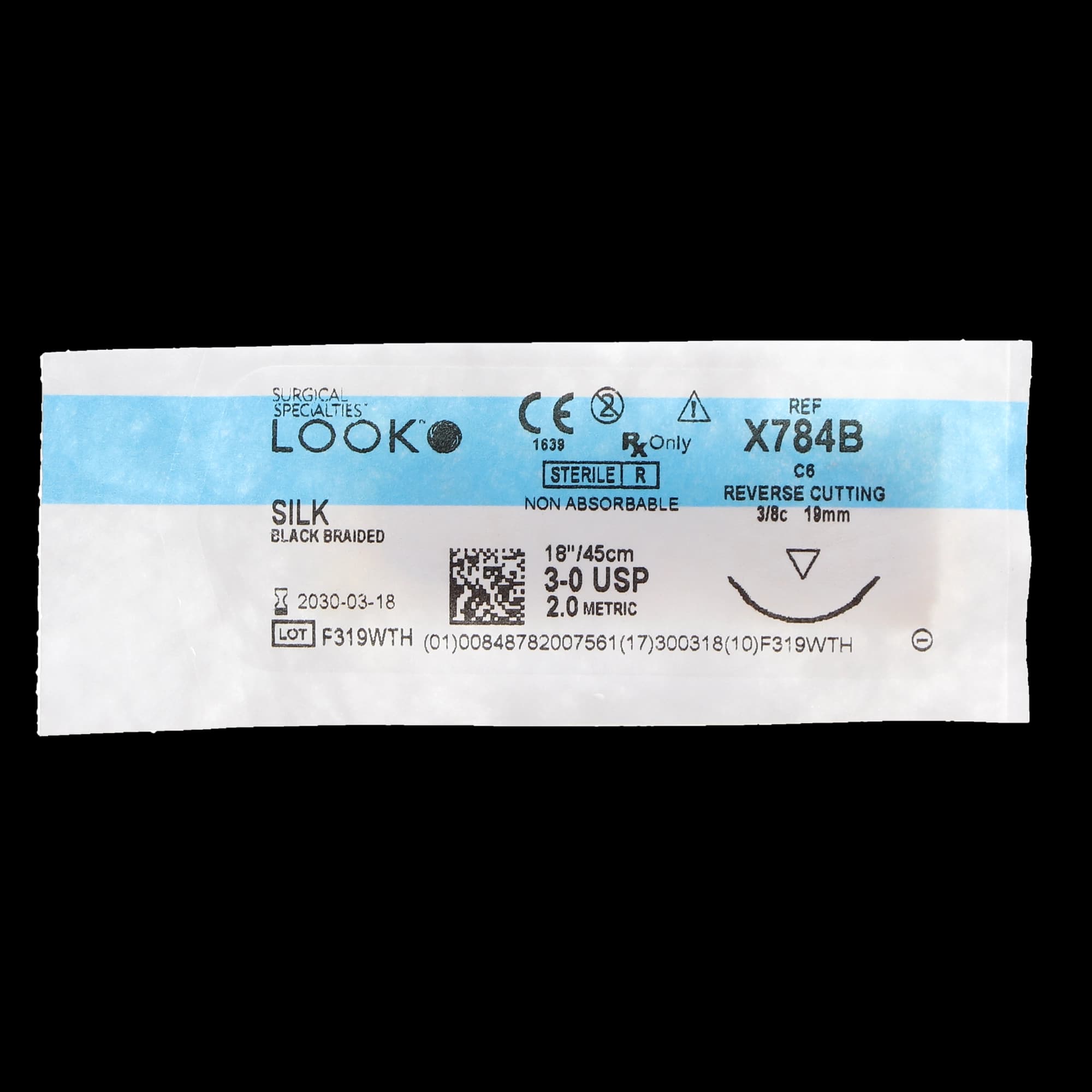 Look Sutures - Silk, 3-0, Black, 18", C6, 3/8 Circle Reverse Cutting 19mm, 12/Bx thumbnail 3