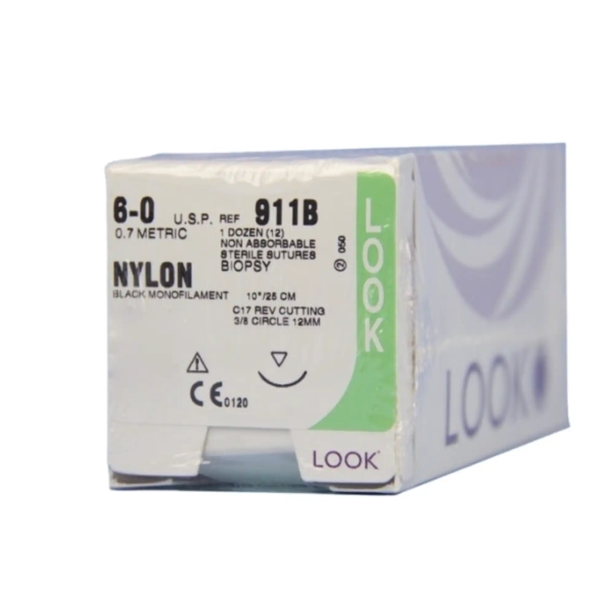 Look Nylon Suture, 6-0, Black, 10", C17 3/8 Circle Reverse Cutting 12mm Needle - Look Sutures - Nylon, 6-0, Black, 10", C17, 3/8 Circle Reverse Cutting 12mm - Image 1