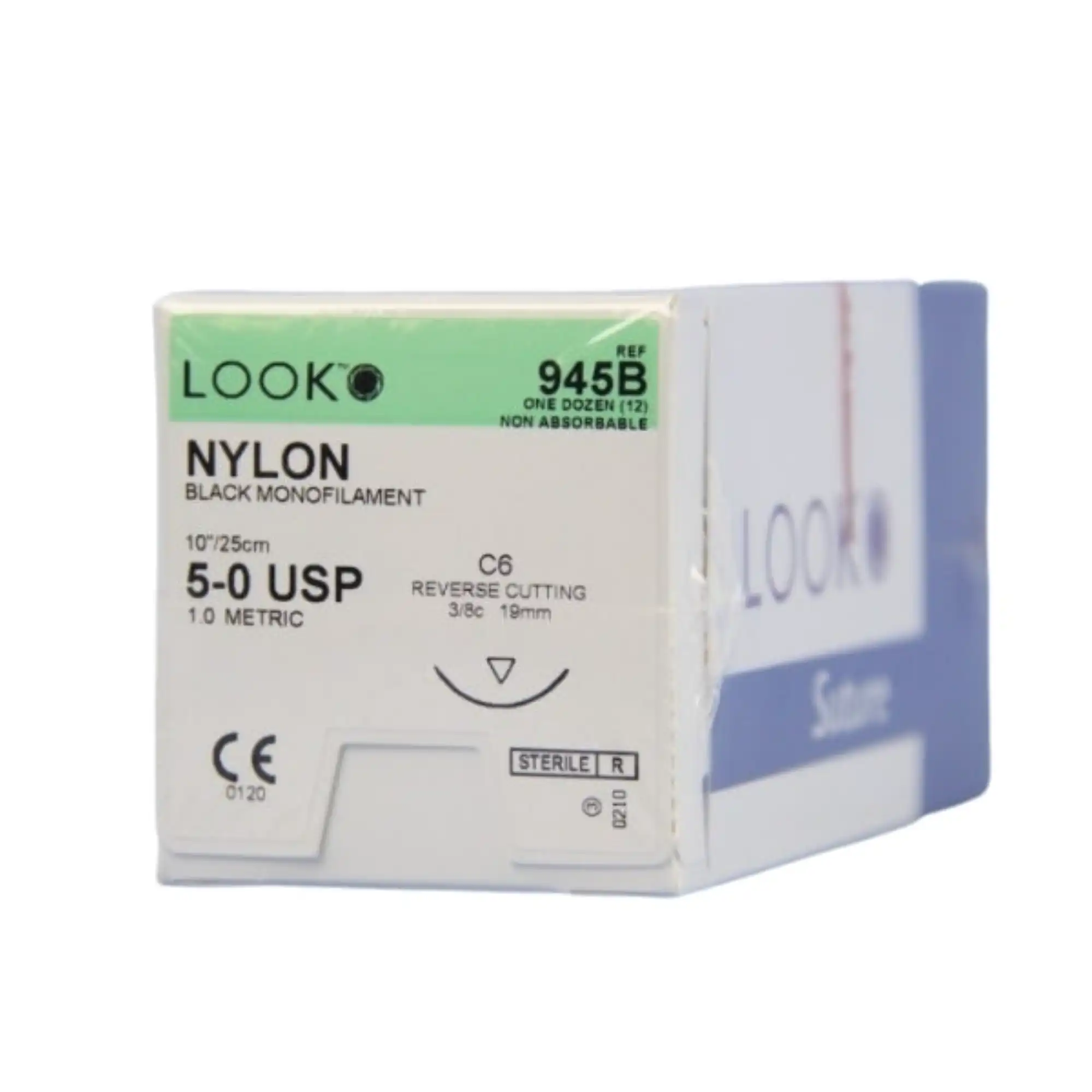 Look Nylon Suture (Polyamide), 5-0, Black, 10", C6, 3/8 Circle Reverse Cutting 19mm - Look Sutures - Nylon, 5-0, Black, 10", C6, 3/8 Circle Reverse Cutting 19mm - Image 1