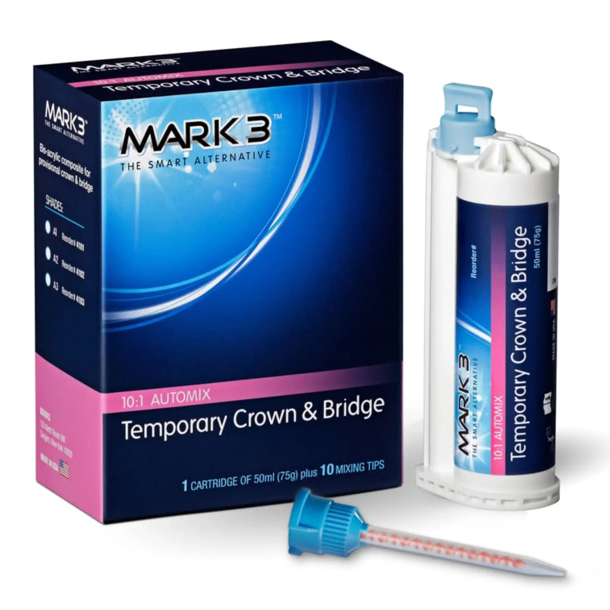 Mark3 Temporary Crown & Bridge, A1 Shade, 10:1 Ratio, 50ML Cartridge (75gm) with 10 Tips, 4101, 20/Box - Temporary Crown & Bridge, A1, 10:1, 50ML, Cartridge (75gm.) & 10 Tips, 4101 - Image 1