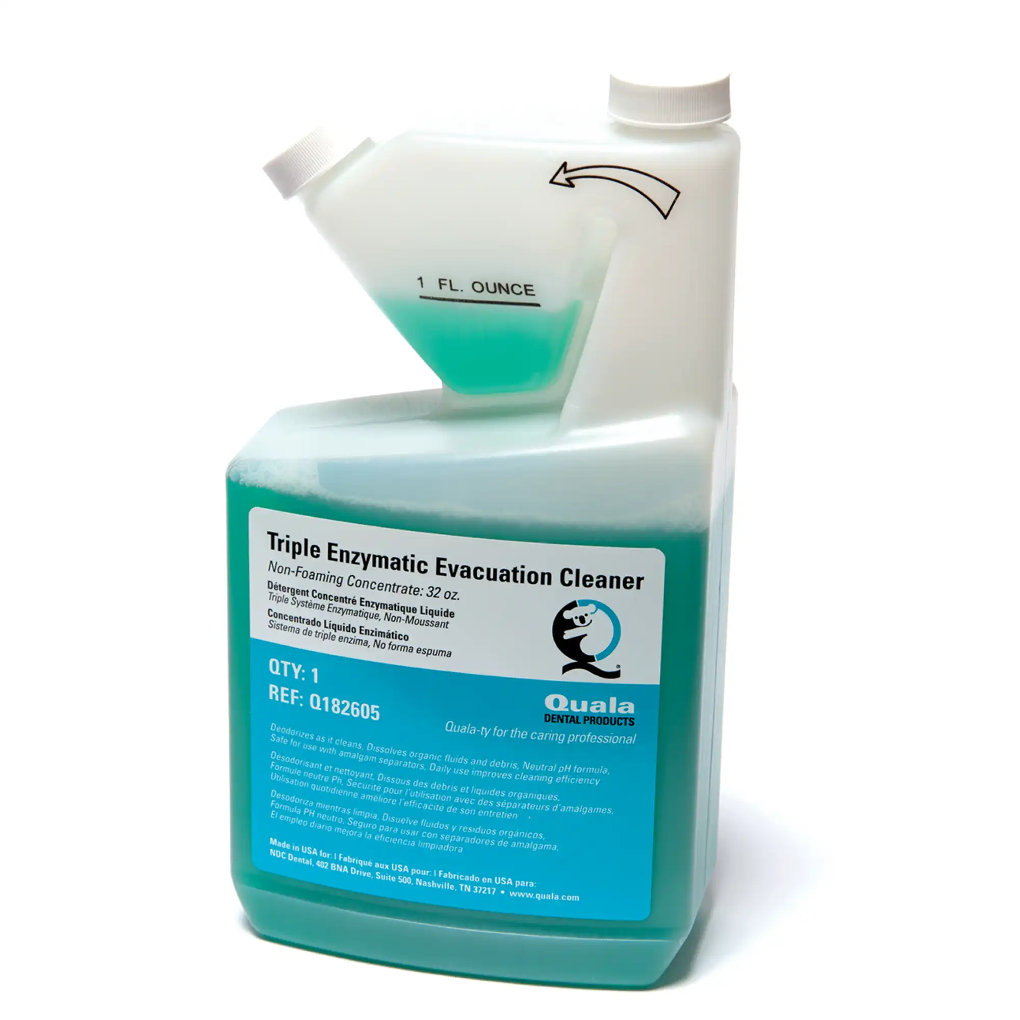 Quala Triple Enzymatic Evacuation Cleaner, Non-Foaming Concentrate, Fresh Scent, 32 oz (1 Quart) Bottle with Metered Dose Tip - Quala - Enzymatic Evacuation Cleaner, 32 oz Concentrate Metered Dose Tip & Measure Bottle - Image 1
