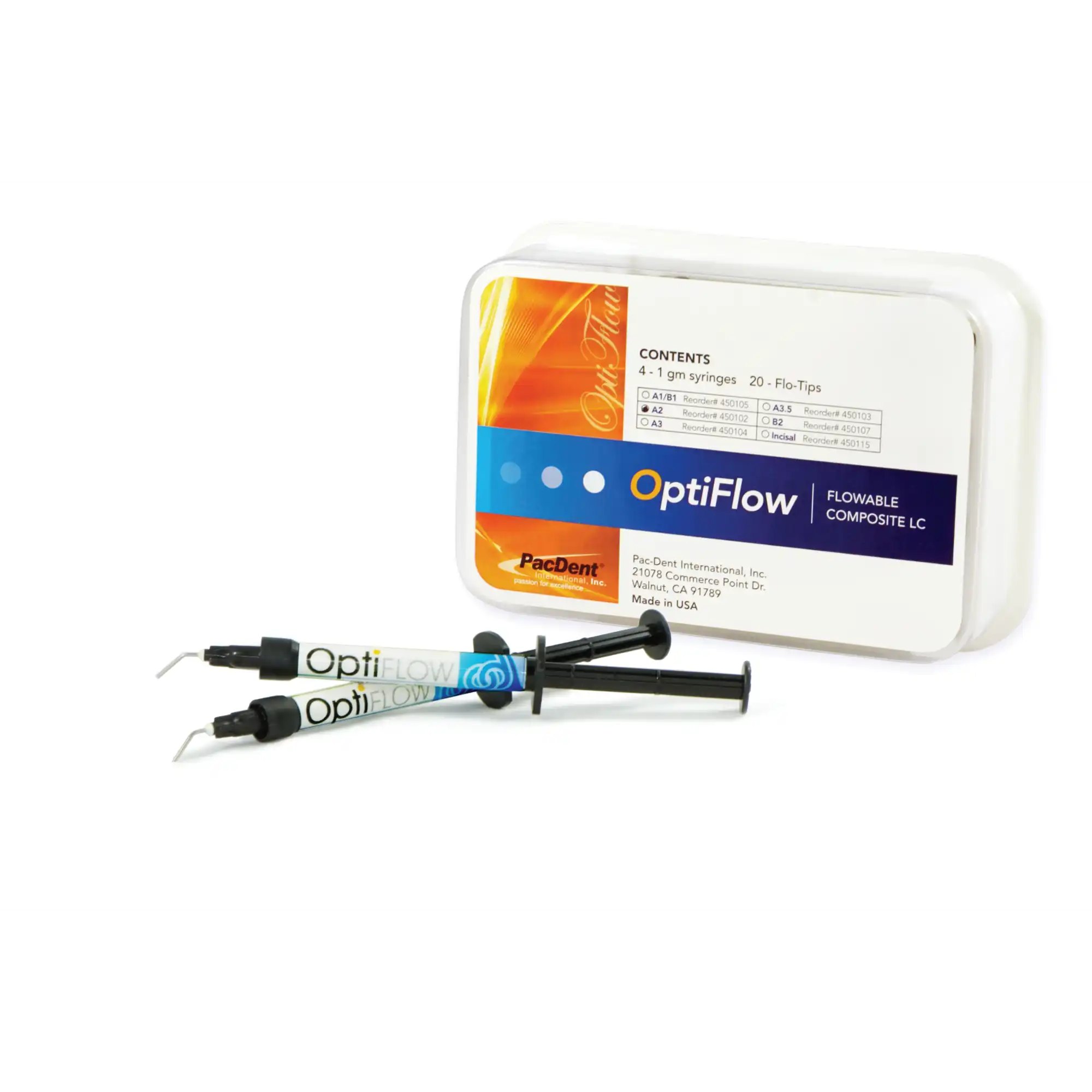 OptiFlow Flowable Composite, Shade A2, 4 x 1 g Syringes with 10 Pre-Bent Needle Tips, Ref 450102 - OptiFlow Flowable Composites, Shade A2, package of 4 x 1 gm syringes and 10 - Image 1