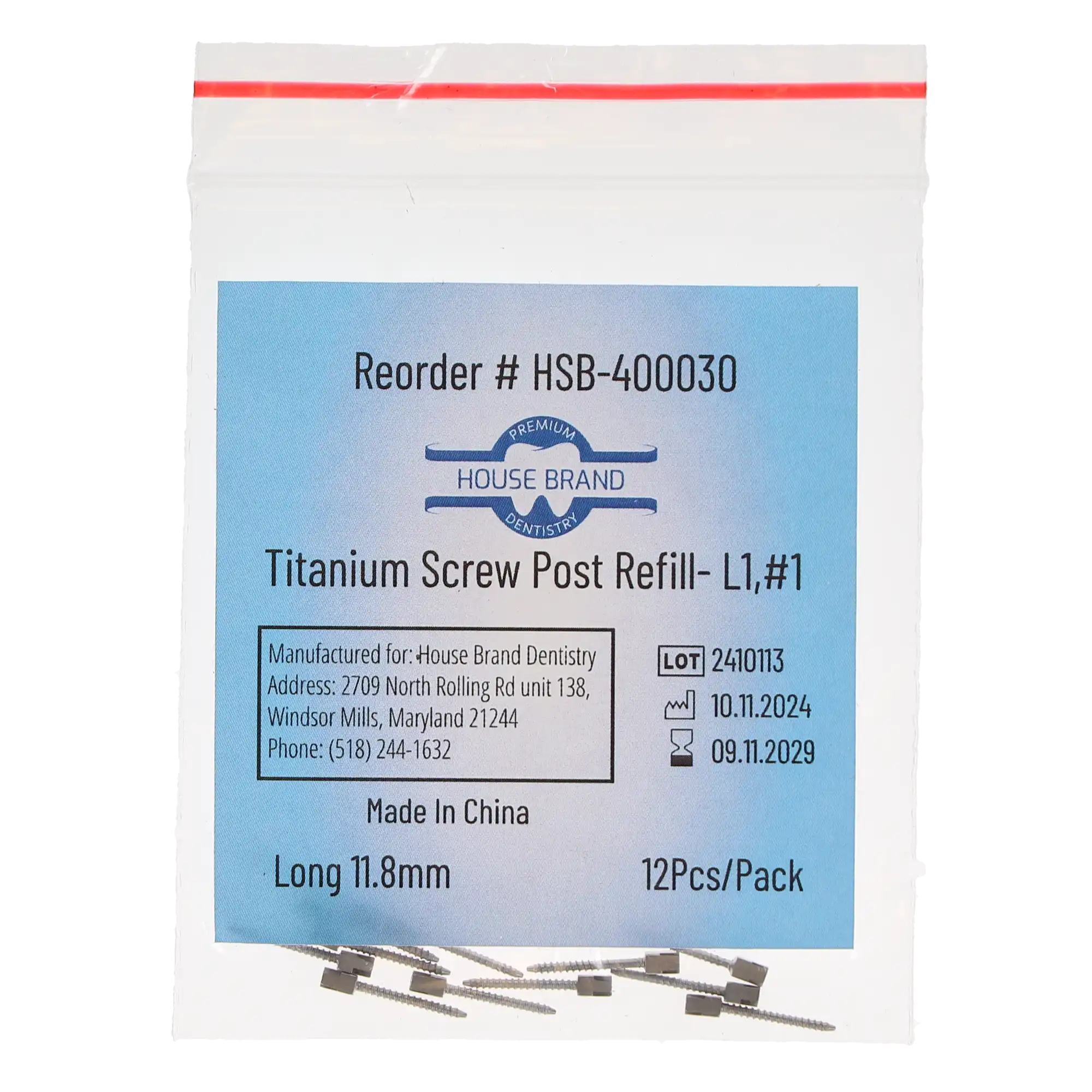 House Brand Dentistry Titanium Screw Post Refill, L1, #1 Long, 11.8mm, 12/Pk, 400030 thumbnail 3