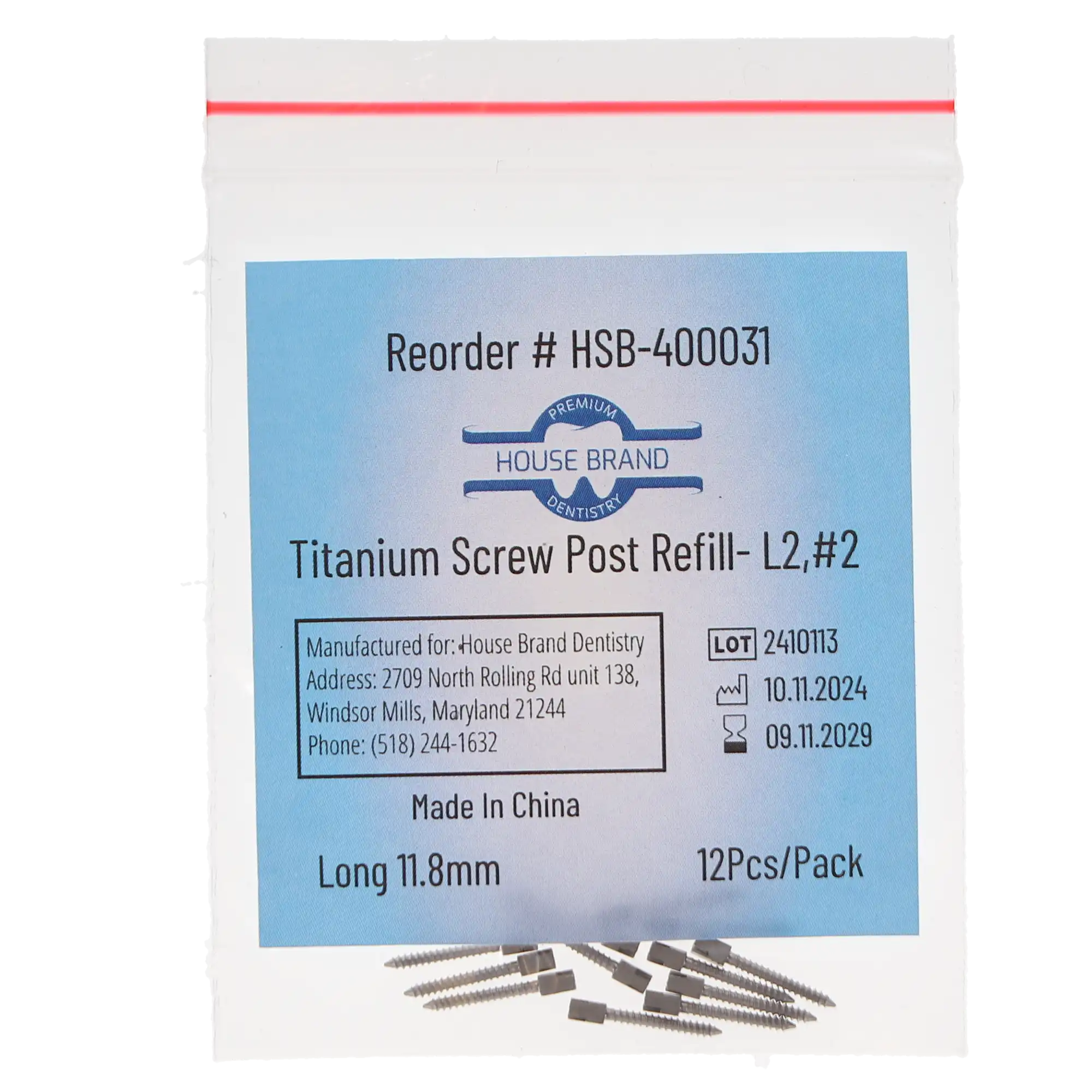 House Brand Dentistry Titanium Screw Post Refill, L2, #2 Long, 11.8mm, 12/Pk, 400031 thumbnail 3