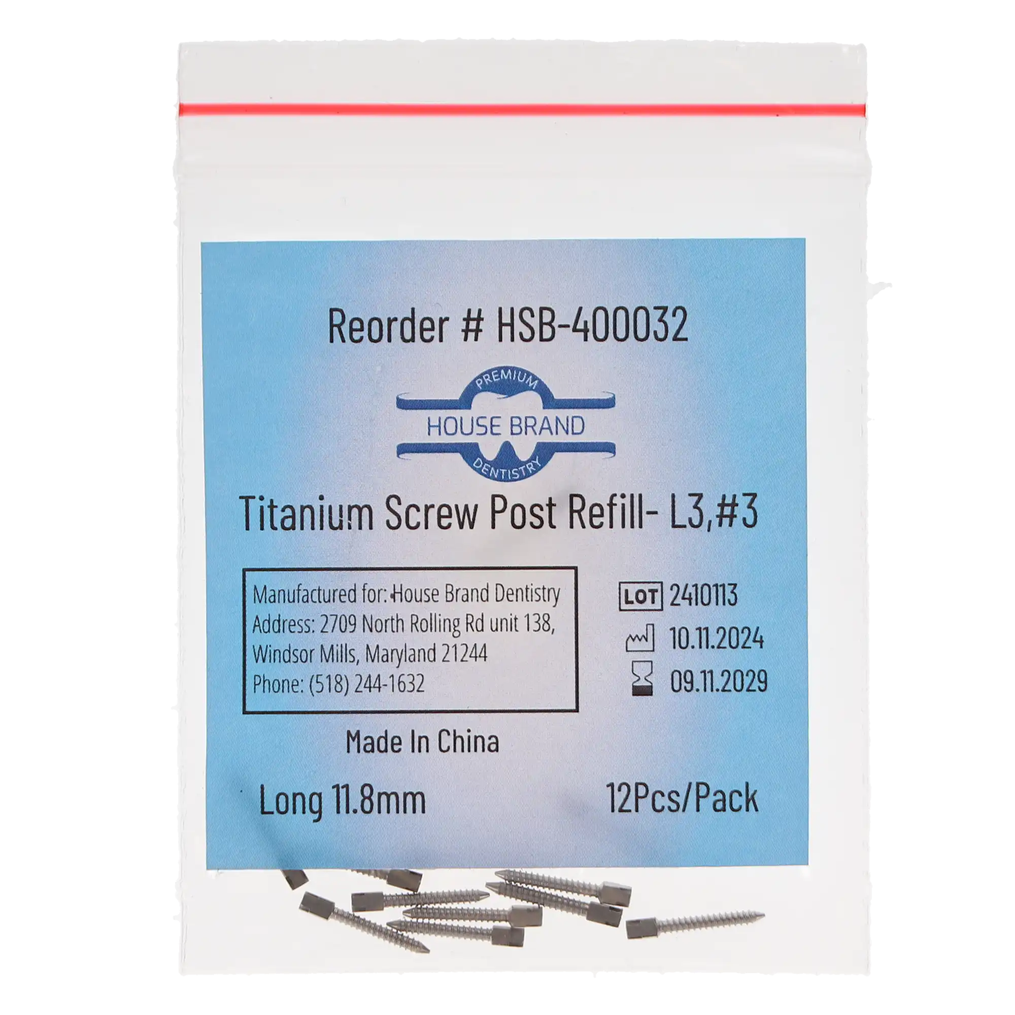 House Brand Dentistry Titanium Screw Post Refill, L3, #3 Long, 11.8mm, 12/Pk, 400032 thumbnail 3