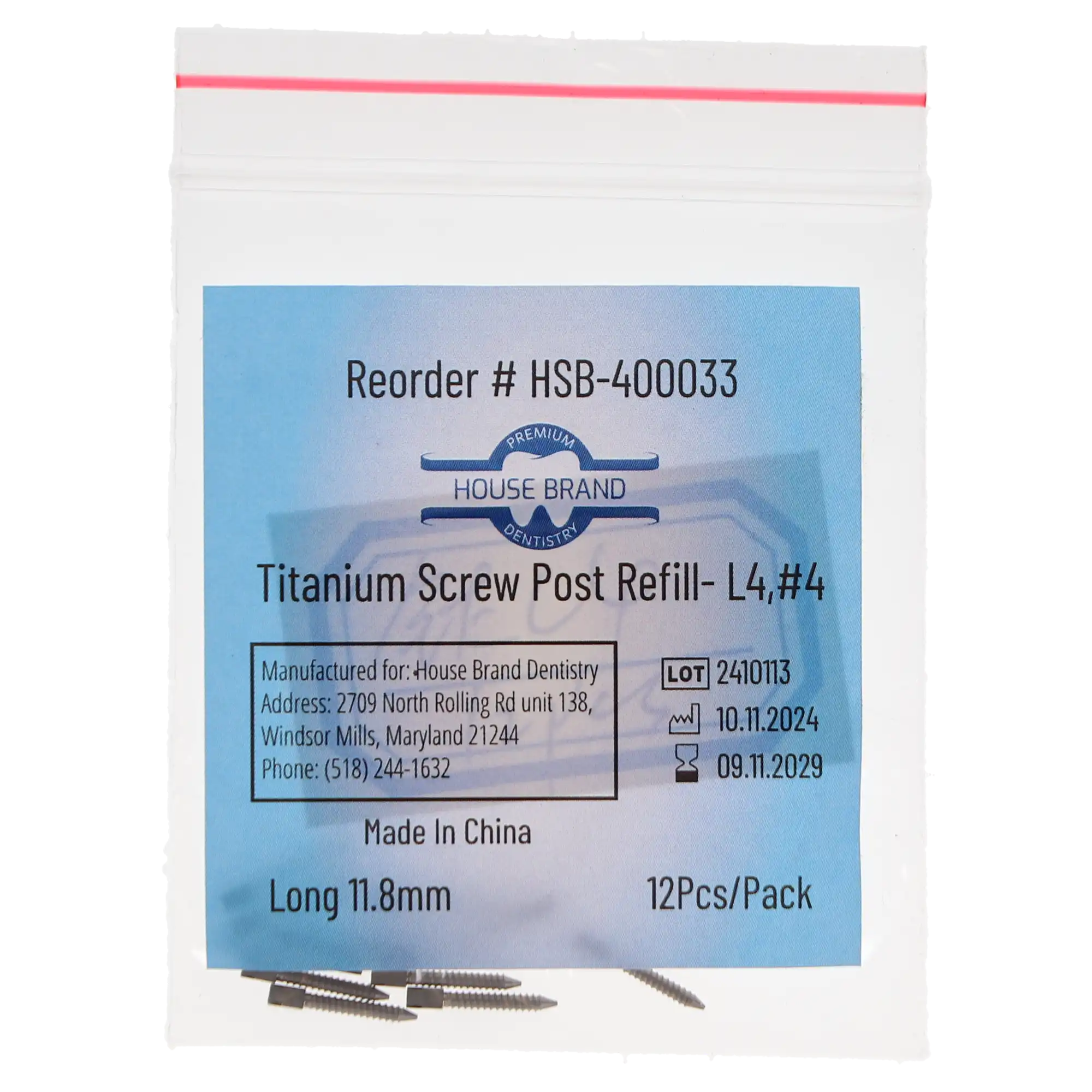 House Brand Dentistry Titanium Screw Post Refill, L4, #4 Long, 11.8 mm, 12/Pk, 400033 thumbnail 3