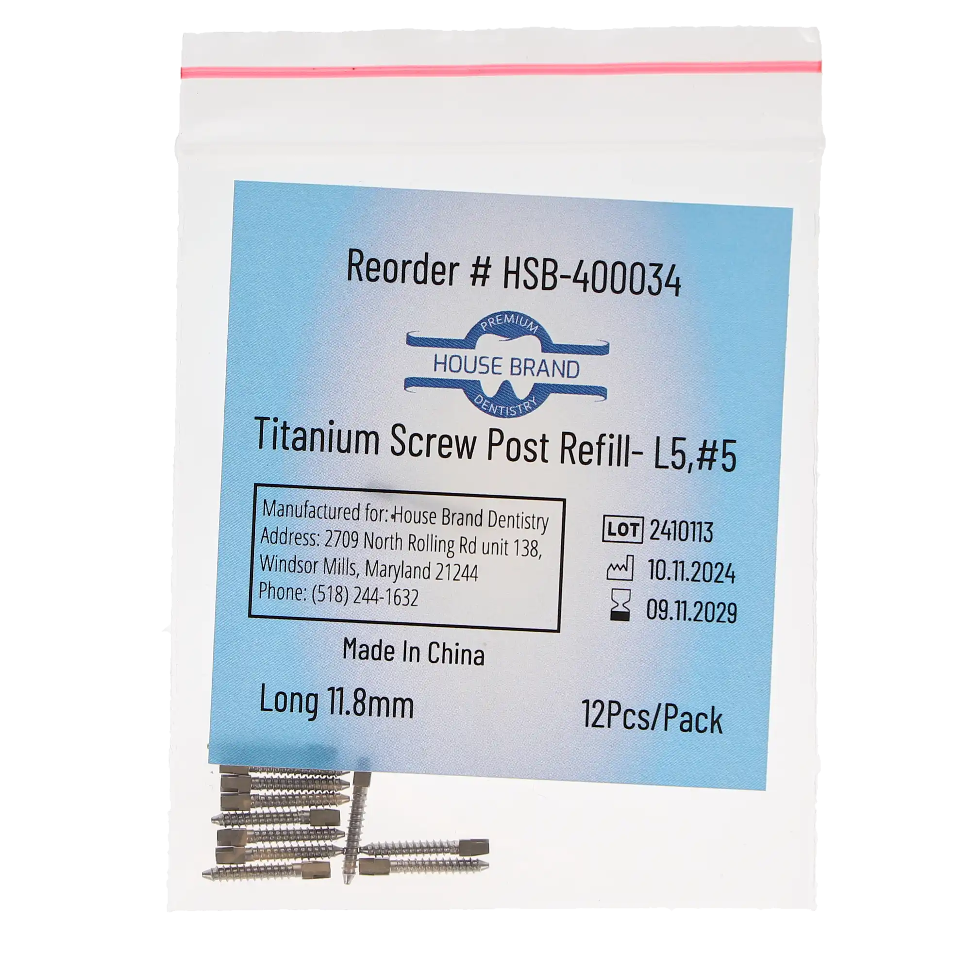 House Brand Dentistry Titanium Screw Post Refill, L5, #5 Long, 11.8mm, 12/Pk, 400034 thumbnail 3