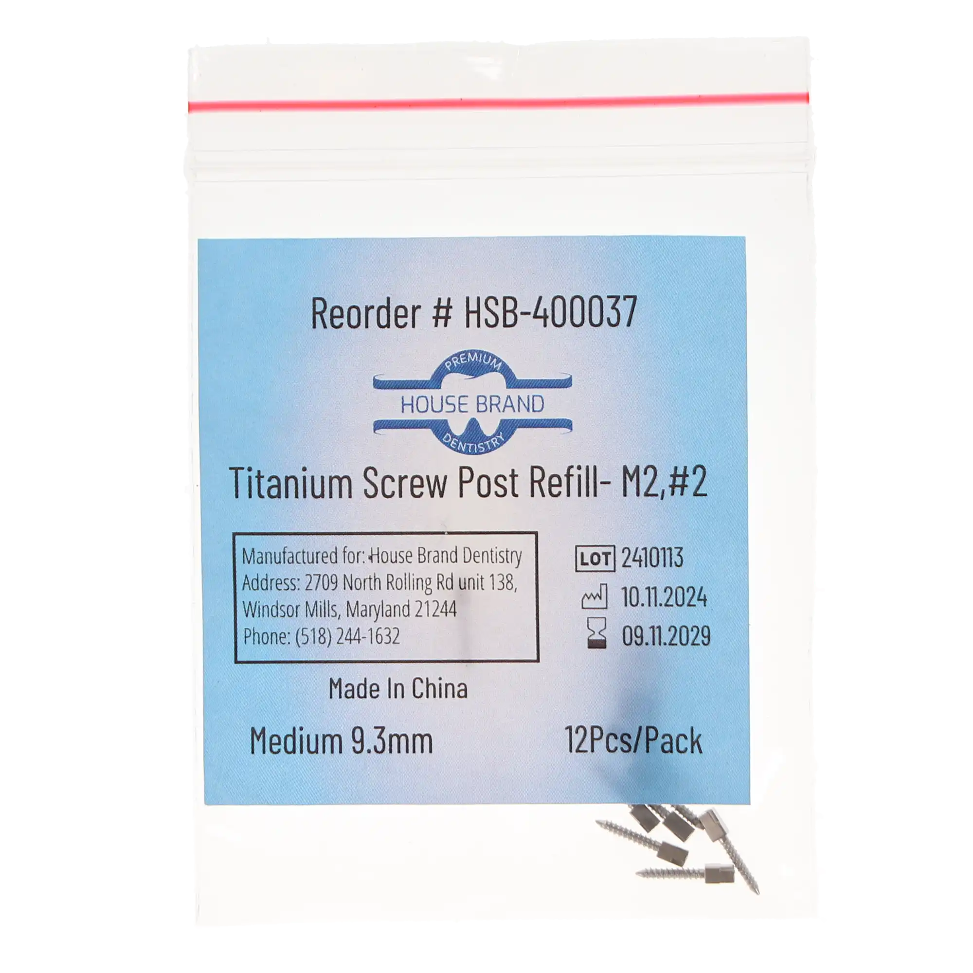 House Brand Dentistry Titanium Screw Post Refill, M2, #2 Medium, 9.3mm, 12/Pk, 400037 thumbnail 3