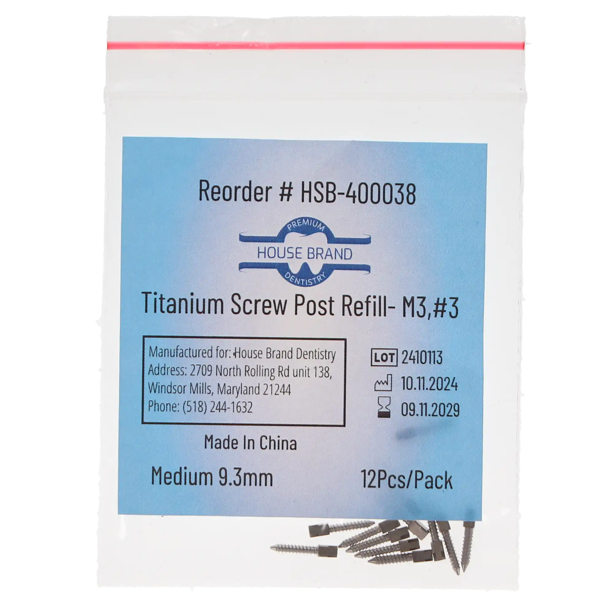 House Brand Dentistry Titanium Screw Post Refill, M3 #3 Medium 9.3mm, 12/Pk, 400038 thumbnail 3
