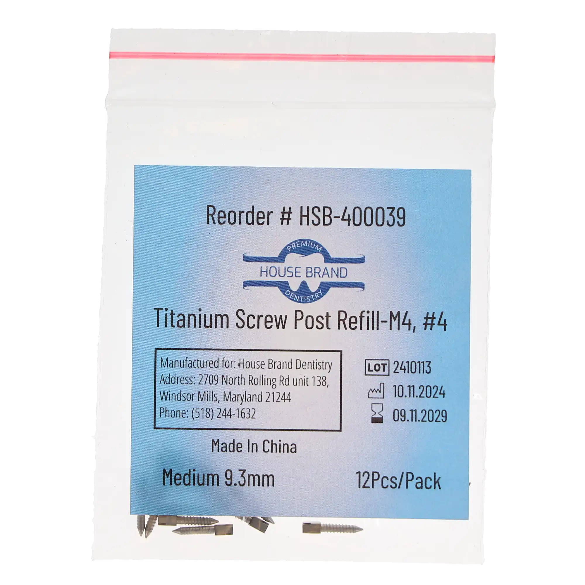 House Brand Dentistry Titanium Screw Post Refill, M4 #4 Medium, 9.3mm, 12/Pk, 400039 thumbnail 3