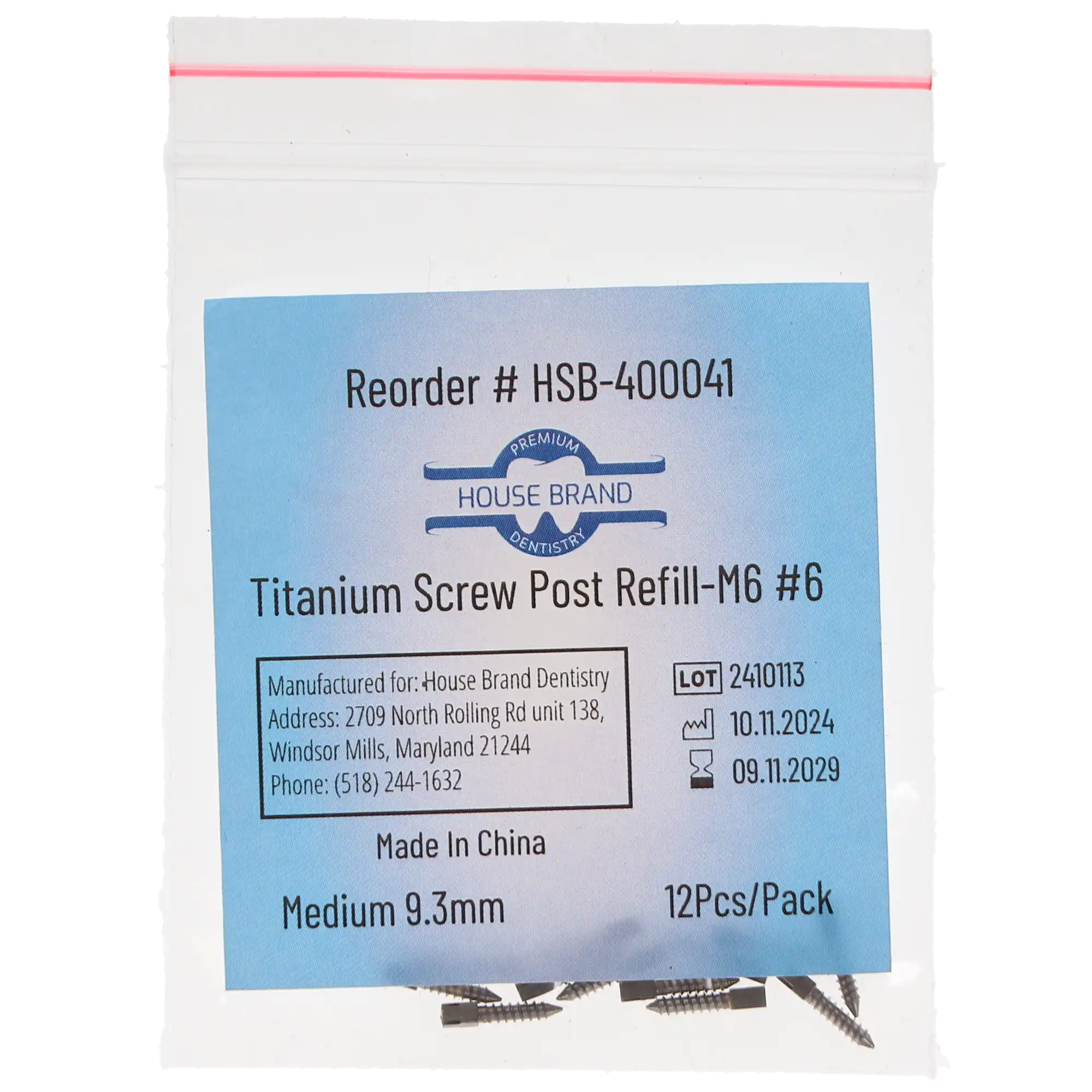 House Brand Dentistry Titanium Screw Post Refill, M6 #6 Medium, 9.3mm, 12/Pk, 400041 thumbnail 3