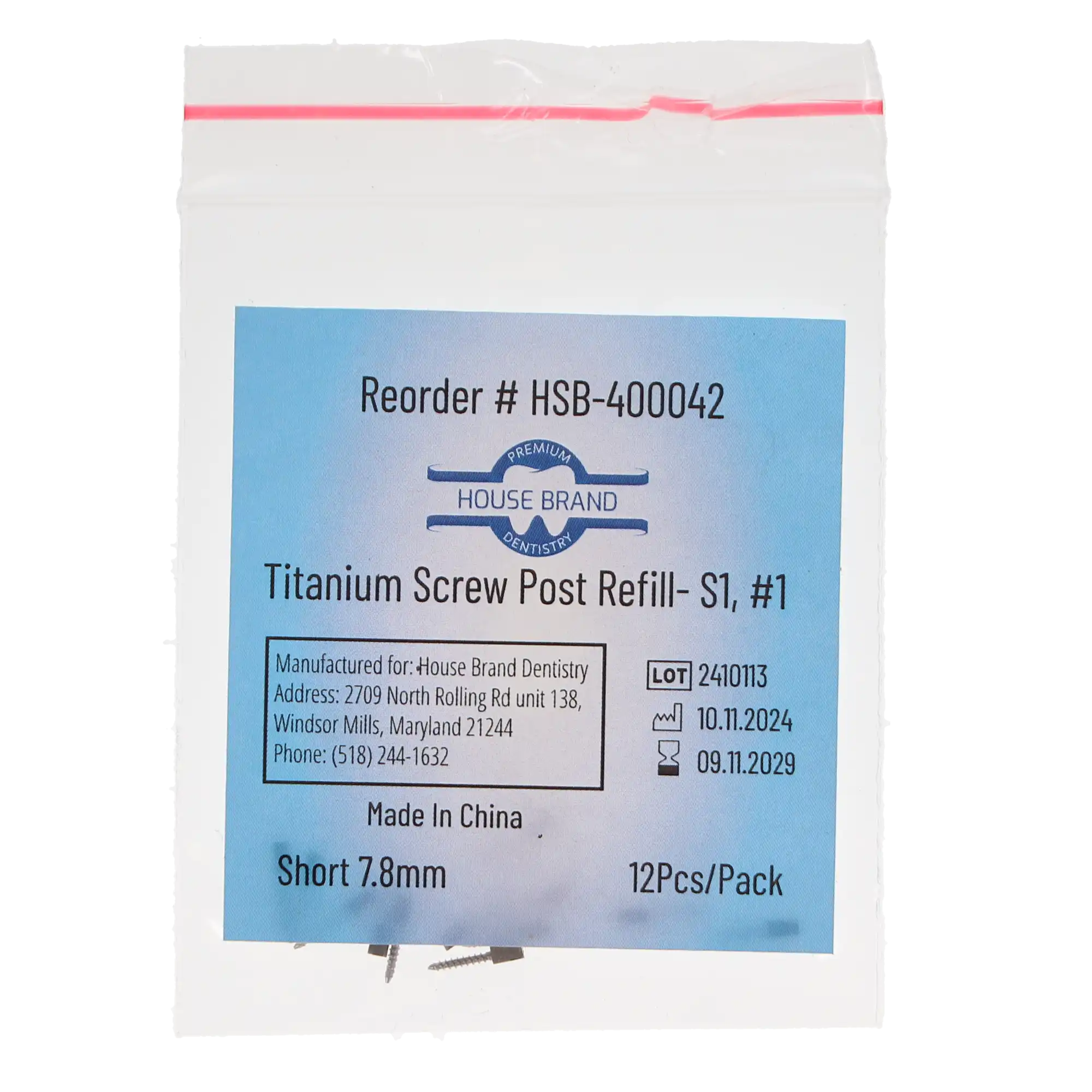 House Brand Dentistry Titanium Screw Post Refill, S1, #1 Short, 7.8mm, 12/Pk, 400042 thumbnail 3