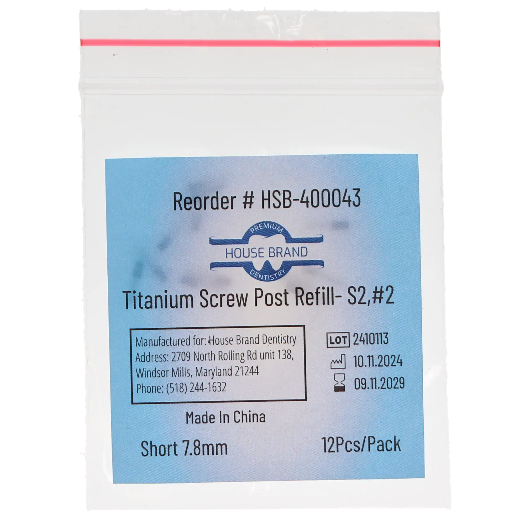 House Brand Dentistry Titanium Screw Post Refill, S2, #2 Short, 7.8 mm, 12/Pk, 400043 thumbnail 3
