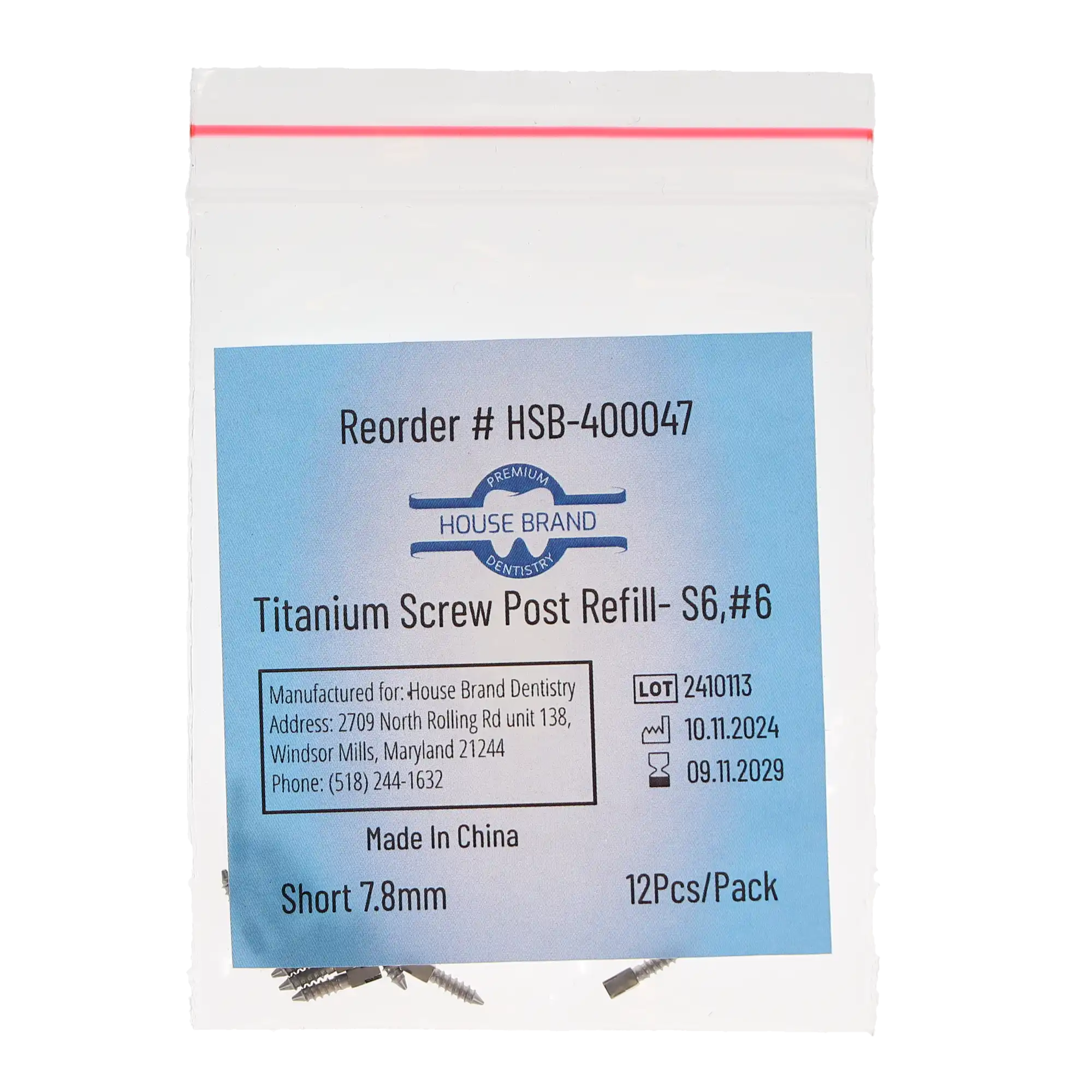 House Brand Dentistry Titanium Screw Post Refill, S6, #6 Short, 7.8mm, 12/Pk, 400047 thumbnail 3