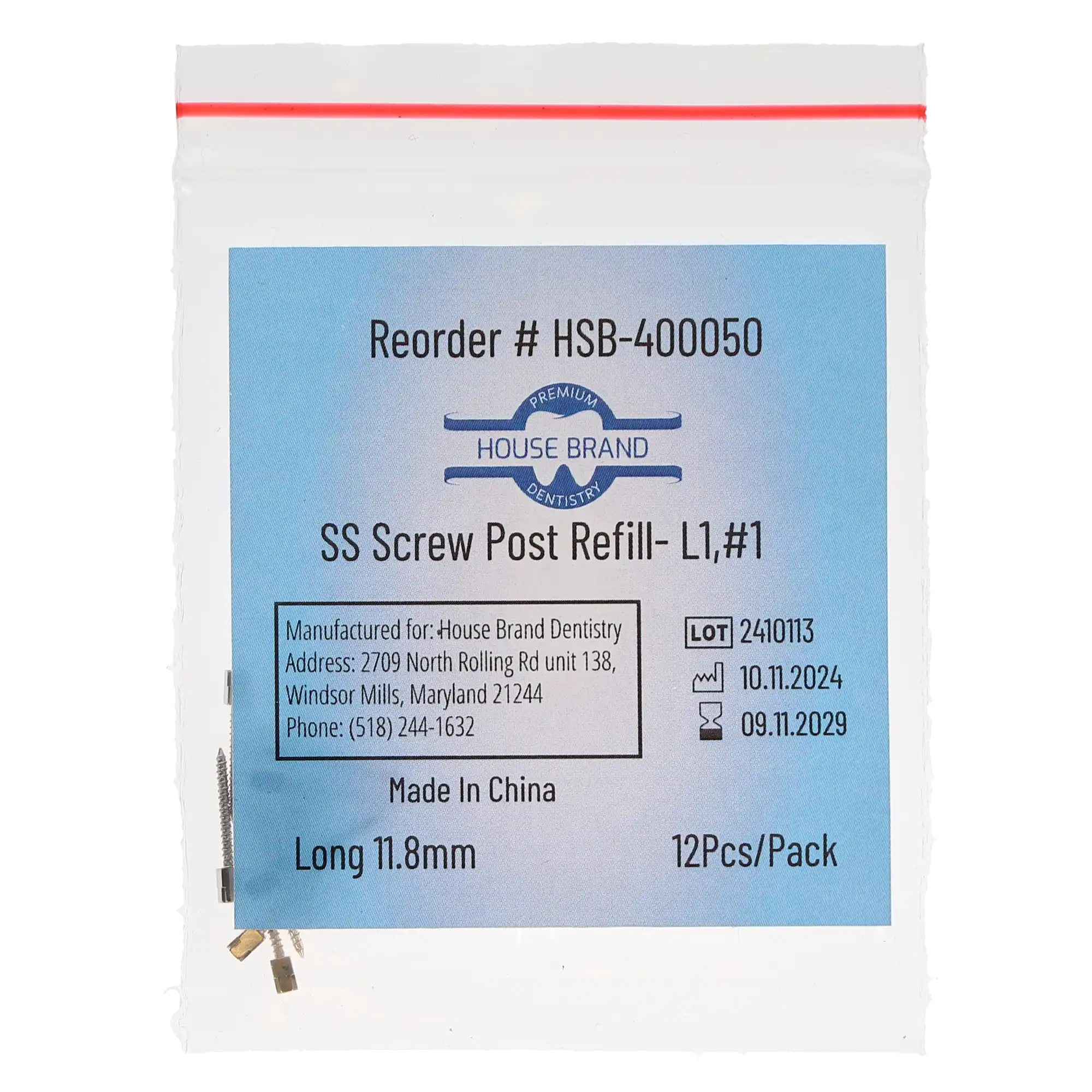 House Brand Dentistry Stainless-Steel Screw Post Refill, L1, #1 Long 11.8mm, 12/Pk, 400050 thumbnail 3