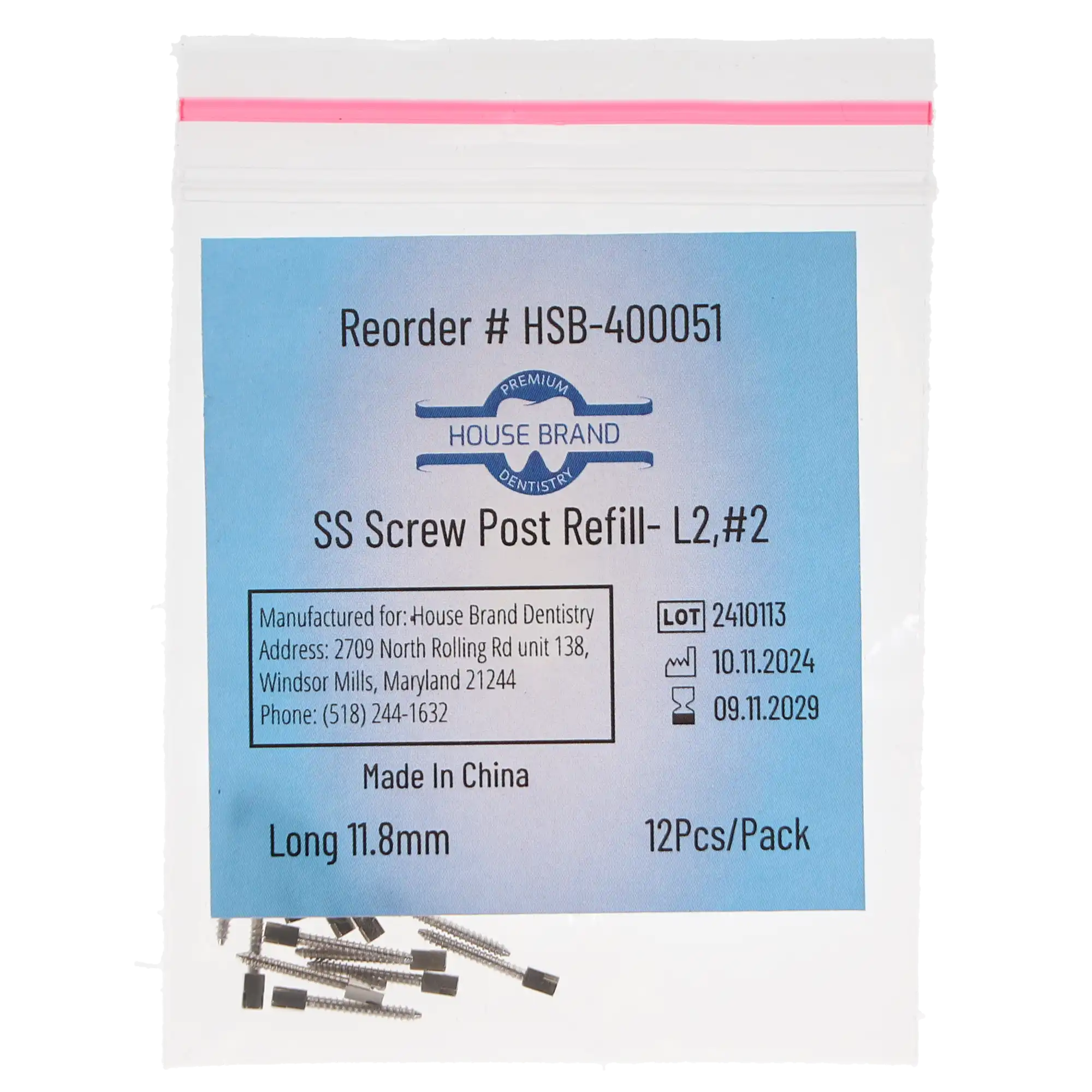 House Brand Dentistry Stainless-Steel Screw Post Refill, L2, #2 Long 11.8mm, 12/Pk, 400051 thumbnail 3