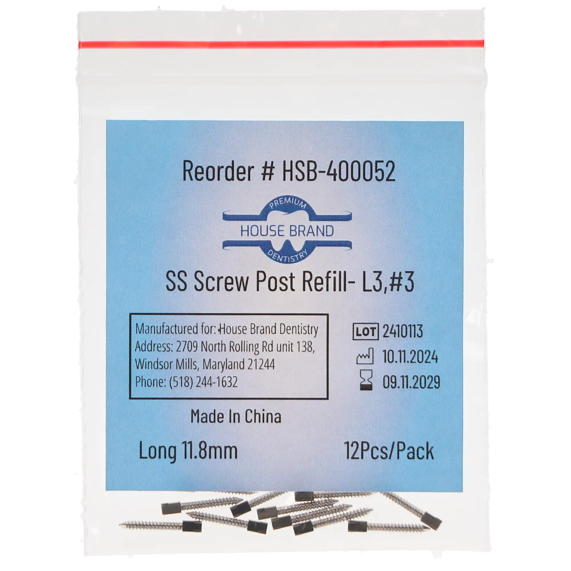 House Brand Dentistry Stainless-Steel Screw Post Refill, L3 #3 Long 11.8mm, 12/Pk, 400052 thumbnail 3