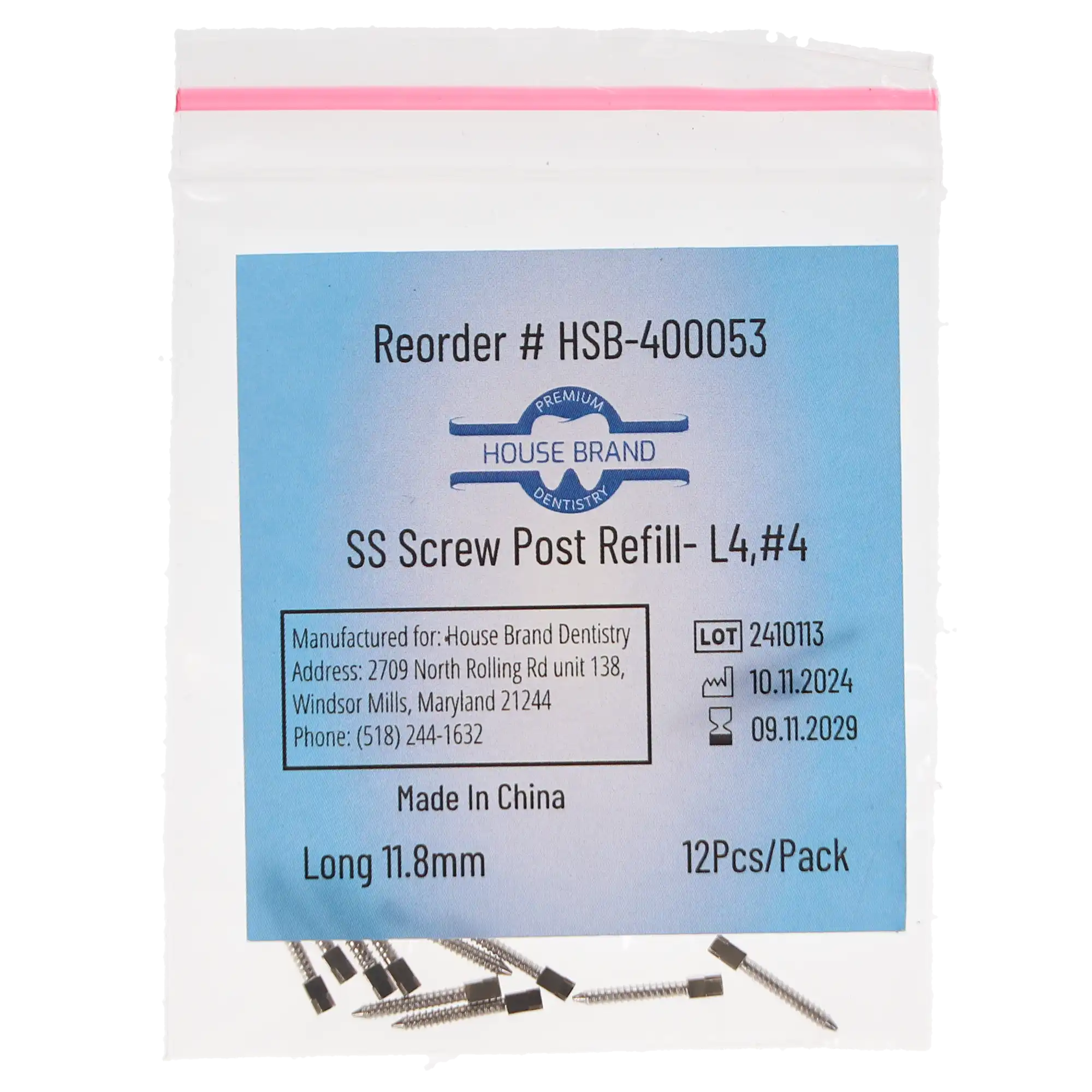 House Brand Dentistry Stainless-Steel Screw Post Refill, L4, #4 Long 11.8mm, 12/Pk, 400053 thumbnail 3