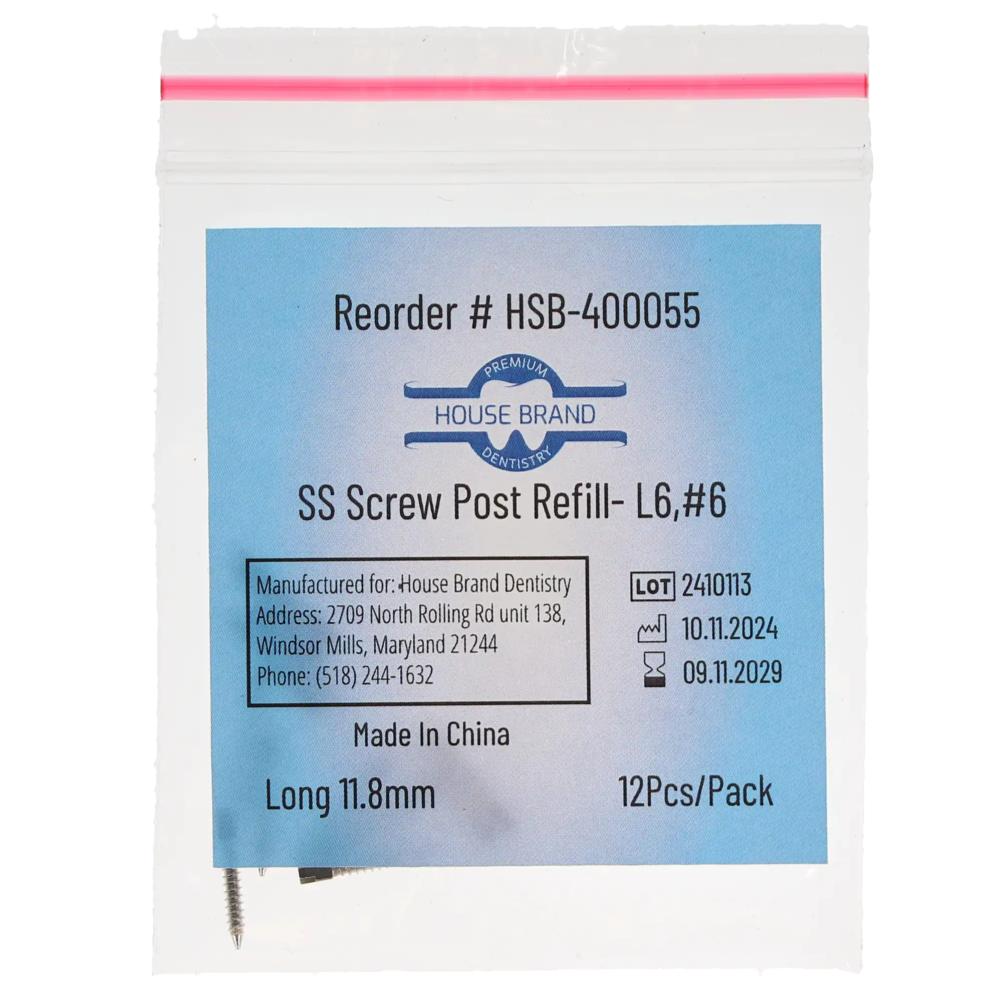 House Brand Dentistry Stainless-Steel Screw Post Refill, L6, #6 Long, 11.8mm, 12/Pk, 400055 thumbnail 3