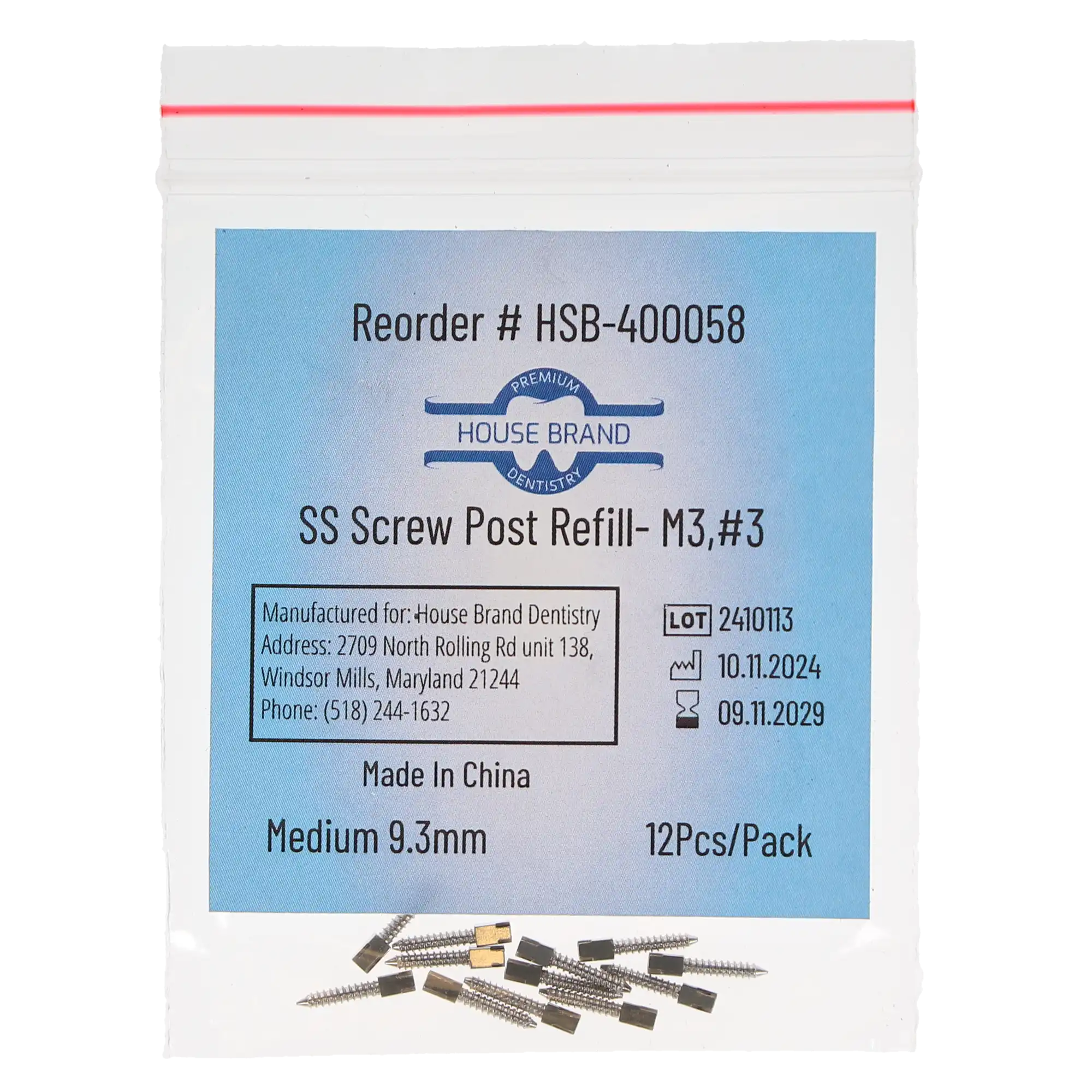 House Brand Dentistry Stainless-Steel Screw Post Refill, M3 #3 Medium 9.3mm, 12/Pk, 400058 thumbnail 3
