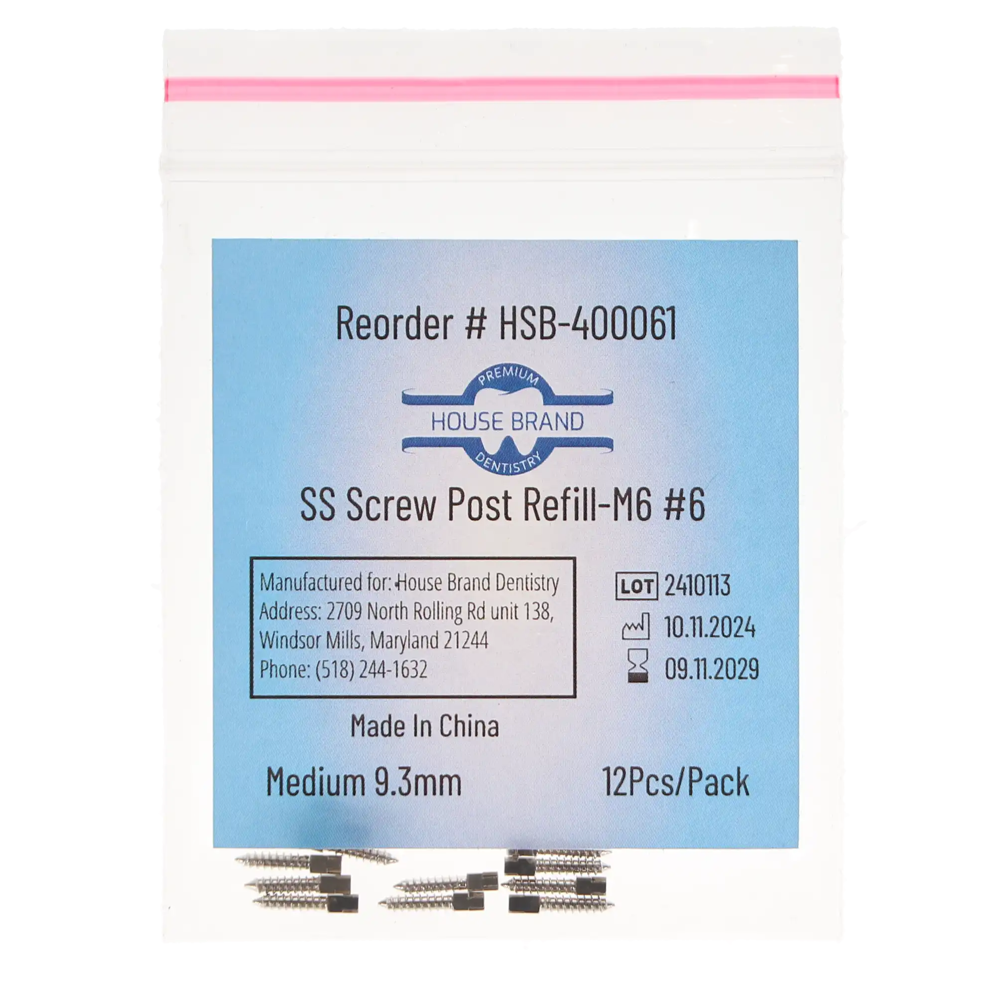 House Brand Dentistry Stainless-Steel Screw Post Refill, M6 #6 Medium, 9.3mm, 12/Pk, 400061 thumbnail 3