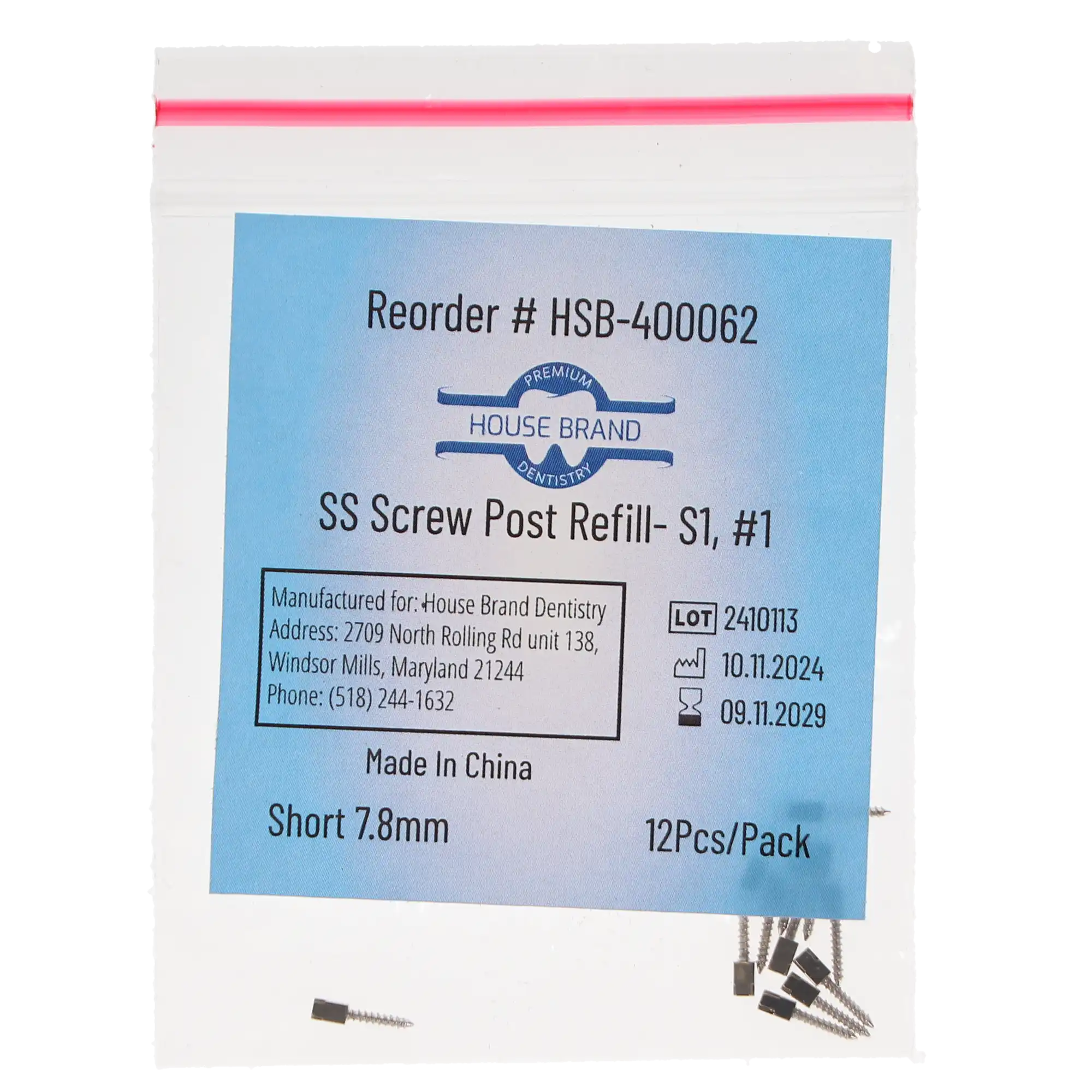 House Brand Dentistry Stainless-Steel Screw Post Refill, S1 #1 Short 7.8mm, 12/Pk, 400062 thumbnail 3